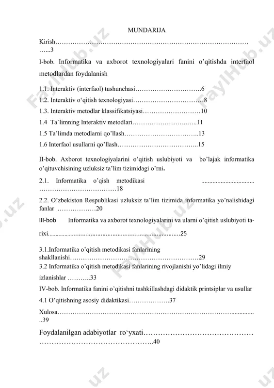 utahassislarni tayyorlash imkonini beradigan dastur va darsliklar, ta'limning zamonaviy metodlarini ishlab chiqishni talab qiladi. o'zbekiston respublikasi oliy majlisi qabul qilgan «ta'lim to’g’risida»gi qonunda ta'limni yanada takomillashtirish maqsadida respublika hududida ta'limni umumiy o'rta ta'lim maktablari, akademik litseylar va kasb-hunar kollejlari orqali amalga oshirish maqsad qilib qo'yilgan bo'lsa, «kadrlar tayyorlash milliy dasturi» qonunida milliy tajribalarni tahlil qilgan holda hamda jaxonning ilg’or yutuqlarini e'tiborga olib akademik litsey va kasb-hunar kollejlarda har tomonlama shakllangan va yetuk mutahassislarni tayyorlashning asosiy yo'nalishlari belgilab berilgan. o’zbeksiton respublikasi birinchi prezidenti i.a.karimov ta'kidlab o’tganidek: “umumlashgan holda hozirda bo'lajak o'qituvchilar shahsiga qo'yiladigan asosiy talablarni: kasbiy bilimdonlik, intellektual va ma'naviy barkamollik deb belgilash mumkin”. o'quvchilarning informatik bilimlarini o'z kasbi doirasida, kundalik hayotda qo'llay bilishi, ularning bilish va fikrlash doiralarini kengaytirish zamon talabidir , ta’limda axborot- kommunikatsiya texnologiyalarini qo’llaganda o’quvchi eshitish, ko’rish, ko’rganlari asosida mustaqil fikrlash imkoniyatiga ega bo’ladi. ta’lim jarayonida axborot kommunikatsiya texnologiyalaridan foydalangan holda darslarni interfaol usullarda tashkillashtirish uchun ma’lum …