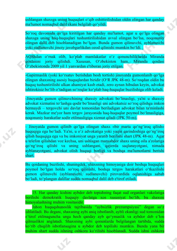 i ular jinoiy harakat sodir etsa yoki shunday harakat sodir etishda gumon qilinsa, shaxsni jamiyatdan ajratishga zarurat tug‘iladi. lekin har qanday erkinlikni cheklash qonunga asosan va qonun vakolat bergan organlar tomonidan amalga oshiriladi. ichki ishlar organlari ma’lum muddatga shaxslarni ushlab turishi, sud organlari qamoqqa olish haqida sanksiya (rozilik) berishi va ozodlikdan mahrum qilish yoki boshqa erkinlikni cheklovchi jazolar berishi mumkin. mamlakatimizda har bir kishining erkinligini yanada kengroq ta’minlash maqsadida va jahon tajribasiga tayangan holda shaxsni ushlab turish (ya’ni erkinligini cheklash) masalasini adolatli hal qilish uchun “boshqa demokratik davlatlar kabi o‘zbekistonda ham shaxsni ushlab turish, hibsga olish, shuningdek, boshqa protsessual majburlov choralarini qo‘llash uchun sanksiya berish huquqini ham sudlarga o‘tkazish kerak” , – deb prezident bu masalani kun tartibiga qo‘ygan edi. ushbu masalani hayotga tatbiq qilish uchun 2005 yil 8 avgustda o‘zbekiston respublikasi prezidentining “qamoqqa olishga sanksiya berish huquqini sudlarga o‘tkazish to‘g‘risida”gi farmon qabul qilindi va uning asosida tegishli qonunchilikka o‘zgartirish …