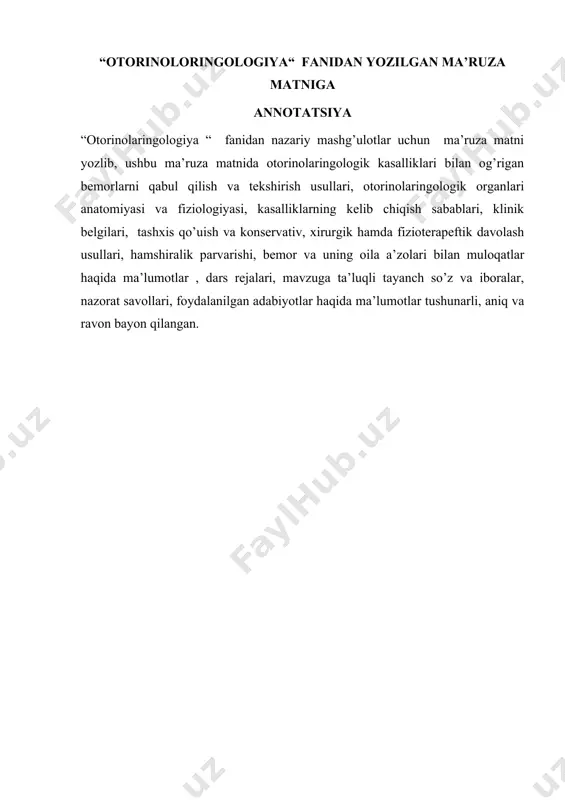 qubchilarni kasbiy maxoratini oshirish, shoshilinch xollarda tibbiy yordam berish va mantiqiy fikrlashni rivojlantirib boorish asosiy maqsadlardan biri hisoblanadi. ma’ruza matni tibbiyot hamshiralari uchun eng kerakli o’quv qo’llanma sifatida foydalanilsa maqasadga muvoffiq bo’ladi va texnikum o’quvchilari uchun nazariy mashg’ulotlarni o’qib, o’rganib va tushunib borishi uchun kerakli deb hisoblayman va tafsiya qilaman. samarqand abu ali ibn sino nomidagi jamoat salomatligi texnikumi kasbiy ta’lim ishlar bo’yicha direktor o’rinbosari ________ o.a. ro’ziboyev otorinolaringologiya tarixi reja 1. otorinoloringologiya tarixi va uning maqsadi haqida tushuncha. 2. aholiga otorinoloringologiya xizmatini ko’rsatish. 3. otorinoloringologiyaning xozirgi vaqtda erishgan yutuqlari. tayanch so’z iboralar: ayris evstaxiy nayi rinos laringos fallopiy nayi laringoskopiy faringus vezaliy xalqasi reflektor xix asrning ikkinchi yarmida meditsina fanidan otorinolaringologiya yoki quloq (oios}, burun (rhinos), halqum va hiqildoq (larungos) kasalliklarini o`rganadigan fan alohida fan sifatida ajralib chiqdi. quloq, burun va tomoq kasalliklarining umumiy fan sifatida birlashtirishga shu a'zolarning anatomik-topografik birligi, ularning fiziologik va funksional jihatdan o`zaro bog`liqligi asos …