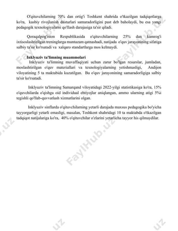 'rsatmoqda. o'qituvchilarning kasbiy rivojlanishi andijon viloyatida o'tkazilgan so'rovnomalarda, 5 yildan ortiq tajribaga ega bo'lgan o'qituvchilarning 40% o'zlarining kasbiy malakalarini oshirish uchun etarli imkoniyatlarga ega emasligini ta'kidlaydi. o'qituvchilarning 70% dan ortig'i toshkent shahrida o'tkazilgan tadqiqotlarga ko'ra, kasbiy rivojlanish dasturlari samaradorligini past deb baholaydi, bu esa yangi pedagogik texnologiyalarni qo'llash darajasiga ta'sir qiladi. qoraqalpog'iston respublikasida o'qituvchilarning 25% dan kamrog'i ixtisoslashtirilgan treninglarga muntazam qatnashadi, natijada o'quv jarayonining sifatiga salbiy ta'sir ko'rsatadi va xalqaro standartlarga mos kelmaydi. inklyuziv ta'limning muammolari inklyuziv ta'limning muvaffaqiyati uchun zarur bo'lgan resurslar, jumladan, moslashtirilgan o'quv materiallari va texnologiyalarning yetishmasligi, andijon viloyatining 5 ta maktabida kuzatilgan. bu o'quv jarayonining samaradorligiga salbiy ta'sir ko'rsatadi. inklyuziv ta'limning samarqand viloyatidagi 2022-yilgi statistikasiga ko'ra, 15% o'quvchilarda o'qishga oid individual ehtiyojlar aniqlangan, ammo ularning atigi 5%i tegishli qo'llab-quvvatlash xizmatlarini olgan. inklyuziv sinflarda o'qituvchilarning yetarli darajada maxsus pedagogika bo'yicha tayyorgarligi yetarli emasligi, masalan, toshkent shahridagi 10 ta maktabda o'tkazilgan tadqiqot natijalariga ko'ra, 40% o'qituvchilar o'zlarini yetarlicha …