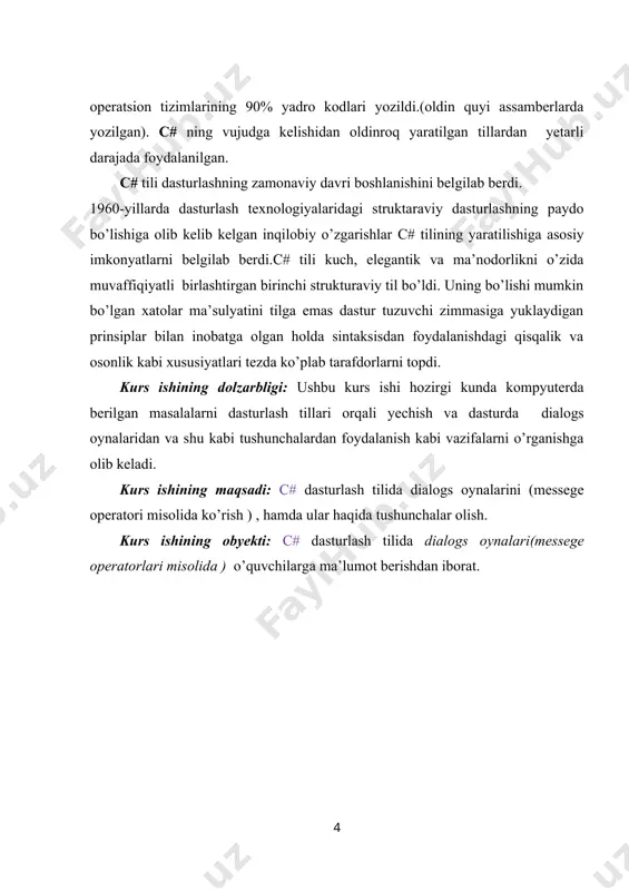 arning paydo boʻlishiga olib kelgan inqilobiy oʻzgarishlar c# tilini yaratish uchun asosiy imkoniyatlarni belgilab berdi. strukturaviy dasturlashlarning paydo boʻlishiga qadar katta dasturlarni yozish qiyin boʻlgan, satr kodlari miqdorining oshishi sababli dasturlarning oʻtish joylari chalkash massalariga aylanib ketishiga olib keladi. strukturaviy tillar dastur tuzuvchi instrumentariysiga shartli operatorlarni, lokal oʻzgaradigan tartiblarni va boshqa mukammallashtirishlarni qoʻshib bu muammoni hal qildi. shunday tarzda nisbatan katta dasturlarni yozish imkoniyati vujudga keldi. aynan c# tili kuch, elegantlik va maʼnodorlikni oʻzida muvaffaqiyatli birlashtirgan birinchi strukturaviy til boʻldi. uning boʻlishi mumkin boʻlgan xatolar masʼuliyatini tilga emas dastur tuzuvchi zimmasiga yuklaydigan prinsiplar bilan inobatga olgan holda sintaksisdan foydalanishdagi qisqalik va osonlik kabi xususiyatlari tezda koʻplab tarafdorlarini topdi. bugungi kunda biz mazkur sifatlarni oʻz oʻzidan anglashiladigan deb hisoblaymiz, lekin s da birinchi marotaba dastur tuzuvchiga zarur boʻlgan ajoyib yangi imkoniyatlar mujassamlashtirilgan. natijada 1980 yillardan boshlab s strukturaviy dasturlash tillari orasida eng koʻp foydalaniladiganlaridan biri boʻlib qoldi. biroq, dasturlashning rivojlantirish choralariga …