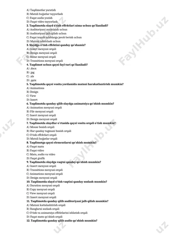 hi sana:_________________ 1. elektron jadval nima? a) ma'lumotlar bazasi b) matn tahrirlovchi dastur c) grafik chizuvchi dastur d) ma'lumotlar saqlash va hisoblash tizimi 2. microsoft excel dasturida qanday funktsiyadan foydalaniladi? a) =average b) =copy c) =paste d) =draw 3. formulalar qaysi belgi bilan boshlanadi? a) = b) - c) * d) / 4. qaysi formula summani hisoblaydi? a) =sum b) =add c) =mult d) =div 5. model nima uchun ishlatiladi? a) grafik yaratish uchun b) formulalar yozish uchun c) ma'lumotlarni o'zgartirish va oqibatini ko'rish uchun d) jadvalni saqlash uchun 6. ssenariy nima? a) elektron jadvalda kiritilgan ma'lumotlar b) kompyuterning ish rejasi c) biror vaziyatni tasvirlash d) grafik 7. modellashtirish jarayonida qaysi vosita ishlatiladi? a) ma'lumotlar kiritish b) grafik tuzish c) ranglarni o'zgartirish d) formulalarni sinab ko'rish 8. katakdagi ma'lumotlarni qanday formatlash mumkin? a) format menyusidan b) insert tugmasidan c) model bloki yordamida d) sum funksiyasi orqali 9. elektron jadvalda o'zgaruvchan …