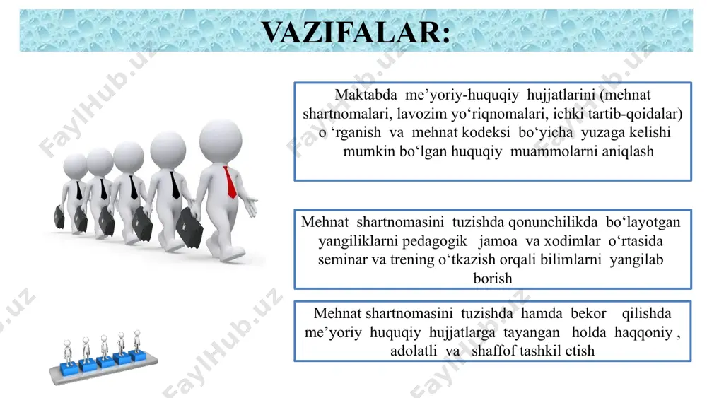 ar asosida adolatli va shaffof , to‘g‘ri tashkil qilinishini ta’minlash xodimlarning huquqiy savodxonligini va mehnat munosabatini rivojlantirish bo‘yicha bilimlarini mustahkamlash uchun hududiy kambag‘allikni qisqartirish va bandlik bo‘limi organlari bilan hamkorlikda o‘quv seminar tashkil qilish. t/r muammo muammoning amalga oshirish mexanizmi mas’ullar muddati kutilayotgan natija 1 maktabda mehnat shartnomasini tuzish amaliyoti va uni qo‘llashda xodim hamda ish beruvchi mehnat shartnomasini mazmun mohiyatini tushunmasligi mehnat qonunchiligi va mehnat shartnomasini tuzish bo‘yicha huquqiy me’yoriy hujjatlar mazmuni o‘rganish maktab direktori, kasaba uyushma raisi, kadrlar bo‘yicha inspektr 2025-2026 o ‘quv yili avgust maktab jamoasi mehnat shartnomasini tuzish bo‘yicha mukammal bilimga ega bo ‘ladi hamda faoliyati samarali tashkil qilinadi. 2 mehnat shartnomasini tuzishda qonunchilikda bo‘layotgan yangiliklarni pedagogik jamoa va xodimlarga yetkazilmaganligi mehnat shartnomasini tuzishda qonunchilikda bo‘layotgan yangiliklarni pedagogik jamoa va xodimlar o ‘rtasida seminar va trening o ‘tkazish orqali bilimlarni yangilab borish maktab direktori, kasaba uyushma raisi,huquq fani o‘qituvchisi. o ‘quv yili davomida direktorlar maktabda mehnat …