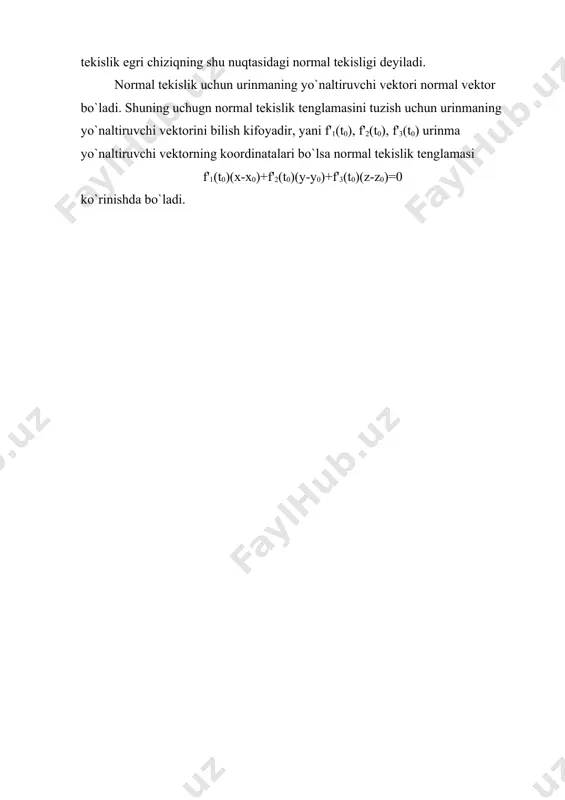 ari ko`paytmalarining yig`indisiga teng songa aytiladi va (x, y) shaklda yoziladi. ta`rifga binoan, (x, y) = x1y1 + x2y2 + …+ xnyn yoki berilgan x = (x1; x2; …; xn) vektorning moduli yoki uzunligi (normasi) deb, quyidagi formula bo`yicha aniqlanadigan nomanfiy |x| songa aytiladi: yoki . vektorlarning skalyar ko`paytmasi quyidagi xossalarga bo`ysinadi: 1) (x, x) ≥ 0 , 3) (x, y + z) = (x, y) + (x, z), 2) (αx, y) = α(x, y), 4) (x, y) = (y, x). koshi-bunyakovskiy tengsizligi. vektorlar orasidagi burchak. uchburchak tengsizligi skalyar ko`paytma xossalaridan foydalanib, quyidagi koshi–bu-nyakovskiy tengsizligini isbotlash mumkin: |(x, y)| ≤ |x| |y|. tengsizlik bo`yicha x va y vektorlar skalyar ko`paytmasi absolut qiymati vektorlar modullari ko`paytmasidan katta emas. koshi–bunyakovskiy tengsizligi koordinatalarda ko`rinishda yoziladi. shunday bir yagona λ = cos φ ( [-1; 1] (φ([0;π]) son tanlash mumkinki, bunda (x, y) = |x| |y| cosφ (φ ( [0; π]). tenglik o`rinli bo`ladi. …