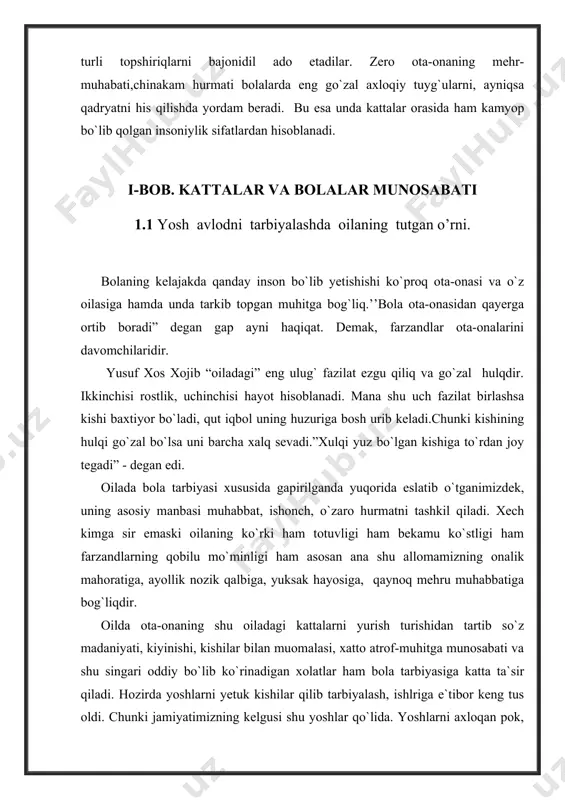 iyasiga katta ta`sir qiladi. hozirda yoshlarni yetuk kishilar qilib tarbiyalash, ishlriga e`tibor keng tus oldi. chunki jamiyatimizning kelgusi shu yoshlar qo`lida. yoshlarni axloqan pok, jismonan sog`lom, yetuk kishilar qilib tarbiyalash oilaning oldiga qo`yilayotgan eng muhum talablardan biridir. buning uchun har bir ota-ona o`z farzandining ezgu maqsadga intiluvchan, kattalarni e`zozlaygigan kichiklarga muruvvatli, o`qish va ishda matonatli qat`iy, tashabuskor, uyushqoq, qiyinchiliklardan qo`rqmaydigan kishilar qilib tarbiyalashlari lozim. ayniqsa oilada katta yoshli bolalar bilan to`g`ri munosabatda bo`lish juda muhim ahamiyatga ega. bola ulg`aygan sari kattalar buyrug`ini yoqtirmaydigan bo`lib boradi.bu buyruq ko`pincha qarshilik ko`rsatish, xatto oqilona talablarni bajarishdan bosh tortish xolarlarini ham keltirib chiqaradi. shunday paytlarda bolaga muomala tarzini o`rgatish lozim. buyruq berish o`rniga ishontirish usulini qo`llash kerak, toki ana shu bola shu ishni qilishni shartligini tushinsin. ana shunda bola har bir ishni ongli ravishda bajarishga tushunsin. agar katta yoshdagi bolaga pand-nasixat qilinaversa uning g`ashiga tegishi mumkin.shunday hollarda pedagogik usulga murojat qilinsa yanada yaxshi bo`ladi. …