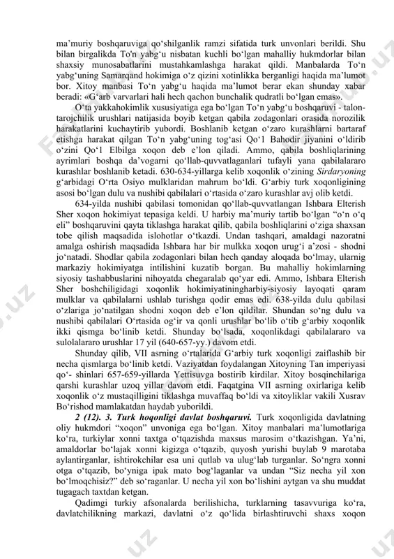 ndan so‘ng maniax boshqa xaridor - vizantiya bilan kelishishga harakat qiladi. 567-yilda u turk xoqonligining konstantinopolga yuborgan elchiligiga boshchilik qiladi. vizantiya ham eron kabi sug‘d ipak matolariga unchalik ehtiyoj sezmas edi. ammo, eroniylarga qarshi turklar bilan ittifoqchilik tarafdori edi. shu tufayli turk xoqonligi elchilari imperator saroyida izzat-hurmat bilan kutib olinadi. ushbu elchilik davomida turk xoqonligi bilan vizantiya o‘rtasida eronga qarshi ittifoq tuziladi. maniax orqaga qaytishda u bilan birga vizantiya imperatorining elchisi, kilikiyalik zemarx turk xoqoni qarorgohiga keladi. xoqon zemarxni tyan-shandagi “oltin tog‘“ yaqinidagi qarorgohida qabul qiladi va turk qo‘shinlarining eronga yurishida yo‘lboshlovchilik qilishni taklif etadi. eron shohining turklar hujumini diplomatik yo‘l bilan to‘xtatlshga urinishi hech qanday natija bermadi. shiddatli hujumlar bilan turklar gurgonni va bir necha boy shaharlarni egallab, 569-yilda sug‘dga qaytadilar. turklarning eronga ikkinchi marotaba yurishlari 588-589-yillarga to‘g‘ri keladi. turklarning chur bag‘a xoqon (ayrim adabiyo‘tlarda savg‘ yoki shaba deyiladi) boshchiligidagi qo‘shini xurosonga bostirib kiradi. hirot yonida turk qo‘shinlari eroniylarning …