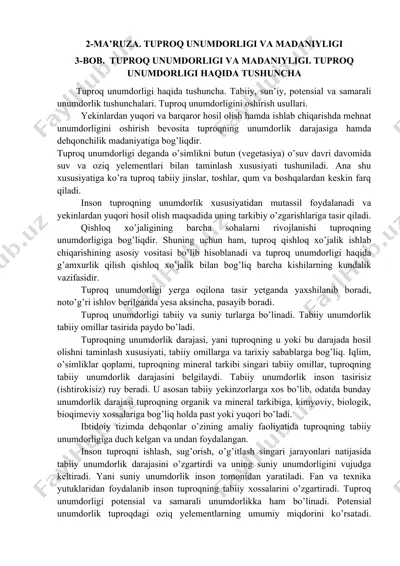 tuproq unumdorligi va madaniyligi — DOCX