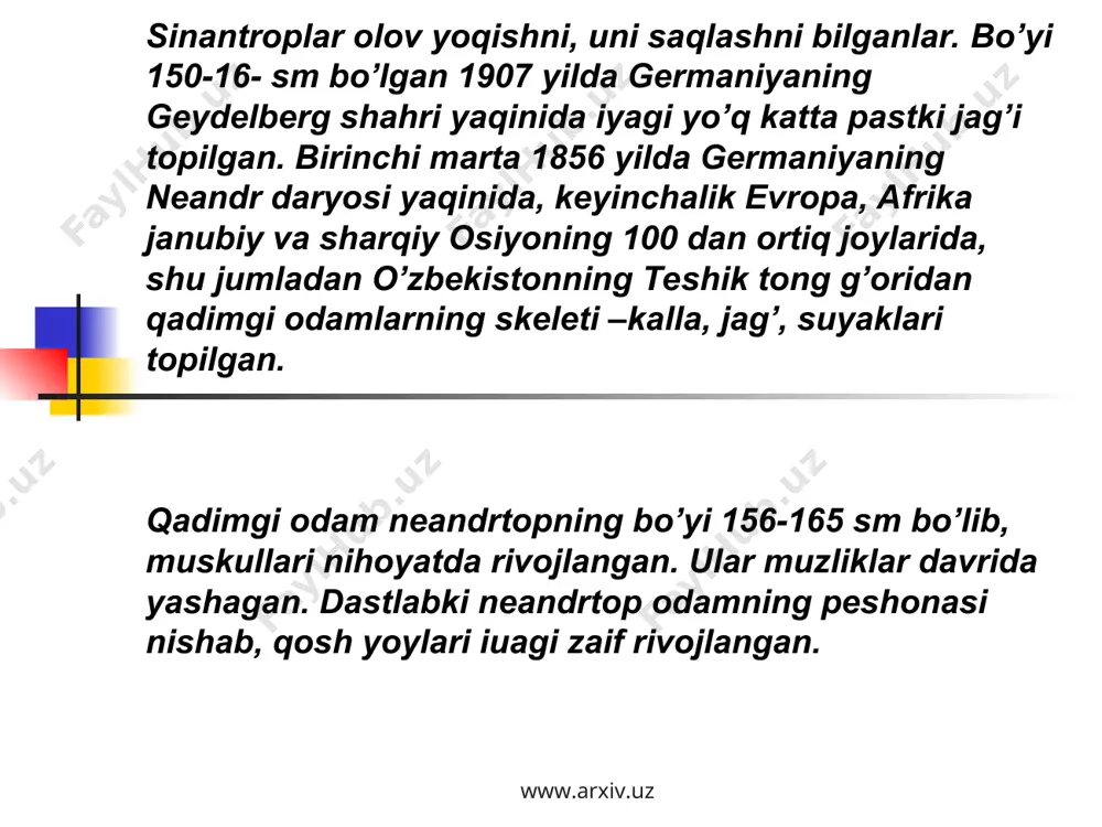 tarmog’iga esa milonezyaliklar. yangi gvineya kakoslari, avstraliyaning tub xalqlari kiradi. www.arxiv.uz www.arxiv.uz aralash irq formalari: qadimgi aralash irqiy forma yoki tiplarga “efiona” tipi kiradi. ularning ko’p belgilari arablarga o’xshamaydi. ammo ular negroidlar singari qora tanli. mongoloid bilan yevropoid o’rtasidagi qadimgi aralash formalar g’arbiy sibirning janubiy qismida yashaydi. araslh irqiy formalarning ikkinchi katta guruhiga o’rta asrlar va yangi davr aralash formalari kiradi. bunday aralsh formalari tarqalgan hududdan biri o’rta osiyo respublikasidir. aralash formalar o’z navbatida ikki tipga bo’linadi. birnchi tipi: turon tipi yoki janubiy sibir tipi-bu tipga asosan mongoloid irqi belgilari ko’proq bo’lgan, qozoqlar, qirg’izlar, qoraqolpoqlar kiradi. ikkinchi tipi: o’rta osiyo tipi: bularga yevropoid irqining janubiy avlodiga xos belgilar saqlangan bo’ladi. umuman dunyodagi uchta asosiy katta irq orasida juda ko’plab boshqa aralash forma va tiplar vujudga kelgan va vujudga kelmoqda. www.arxiv.uz www.arxiv.uz foydalanilgan adabiyotlar vahobov h. va boshqalar. umumiy yer bilimi.- t.: "bilim", 2005. http://ziyonet.uz https://lib.uz www.arxiv.uz www.arxiv.uz