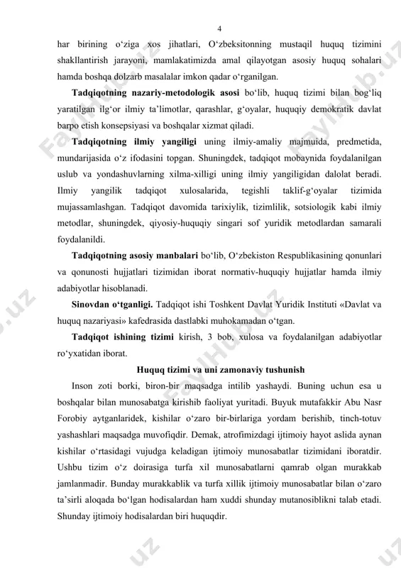 ariga yordam berishib, tinch-totuv yashashlari maqsadga muvofiqdir. demak, atrofimizdagi ijtimoiy hayot aslida aynan kishilar o‘rtasidagi vujudga keladigan ijtimoiy munosabatlar tizimidani iboratdir. ushbu tizim o‘z doirasiga turfa xil munosabatlarni qamrab olgan murakkab jamlanmadir. bunday murakkablik va turfa xillik ijtimoiy munosabatlar bilan o‘zaro ta’sirli aloqada bo‘lgan hodisalardan ham xuddi shunday mutanosiblikni talab etadi. shunday ijtimoiy hodisalardan biri huquqdir. huquq - davlat tomonidan belgilanadigan yoki ruxsat etiladigan va uning kuchi bilan himoya qilinadigan umummajburiy hulq-atvor qoidalari tizimidir. huquq ijtimoiy munosabatlarni tartibga soluvchi regulyator bo‘lib, uning ushbu xususiyati ijtimoiy munosabatlar bilan bo‘ladigan muntazam aloqadorlikni ta’minlaydi. shuning uchun mavjud ijtimoiy munosabatlar tizimini tadqiq etish bilangina huquq va uning ichki tuzilishi, tarkibiy qismlari haqida tasavvurga ega bo‘lishimiz mumkin. yuqorida ta’kidlangandek, ijtimoiy munosabatlar xilma-xil, biroq, shunga qaramay ular ma’lum darajada ixtisoslashadi, mazmunan muayyan guruhlarga birlashadi. biz ushbu obyektiv jarayonni parallel ravishda ijtimoiy munosabatlarni tartibga soluvchi huquq ham o‘z boshidan kechirishini kuzatishimiz mumkin. ya’ni umummajburiy xulq-atvor, yurish-turish qoidalari …