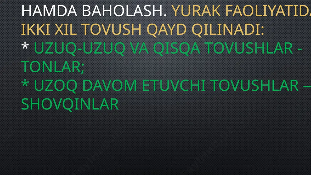 lashishi va boshqalar) yurak tonlari jarangdorligi kuchayadi. shuningdek, ulaming yurak yonida joylashgan katta havo bo'shliqlari ta’siriga va undan (o'pkadagi katta kavema - teshik, oshqozonning katta havo pufagi) oqib o'tuvchi qon tarkibiga ham bog'liq. bo'shliqlar ta’sirida va kamqonhkda kuzatiladigan qon quyushqoqligi kamayganda tonlar jarangdorligi oshadi. yurak kasalliklarini tashhislashda uning o'zi shikastlanishi bilan bog'liq bo'lgan tonlar o'zgarishini aniqlash muhim ahamiyat kasb etadi. ikkala tonning ham susayishi miokardit, miokard distrofiyasi, o'tkir miokard infarkti, kardioskleroz va perikard bo'shlig'ida suyuqlik yig'ilishi oqibatida yuiak mushaklarining qisqarish qobiliyati pasaygan bemorlarda kuzatiladi. ikkala tonning ham kuchayishi esa yurakka simpatik asab tizimi ta’siri kuchayishi hisobiga yuzaga keladi. bu og'ir jismoniy ishda, hayajonda, bazedov kasalligida kuzatiladi. yurak kasalliklarini tashhislashda, ayniqsa, tonlardan birining o'zgarishi muhim o'rin tutadi. image2.jpeg image3.jpeg image4.jpeg image5.jpeg image6.jpeg image7.jpeg image8.jpeg /docprops/thumbnail.jpeg