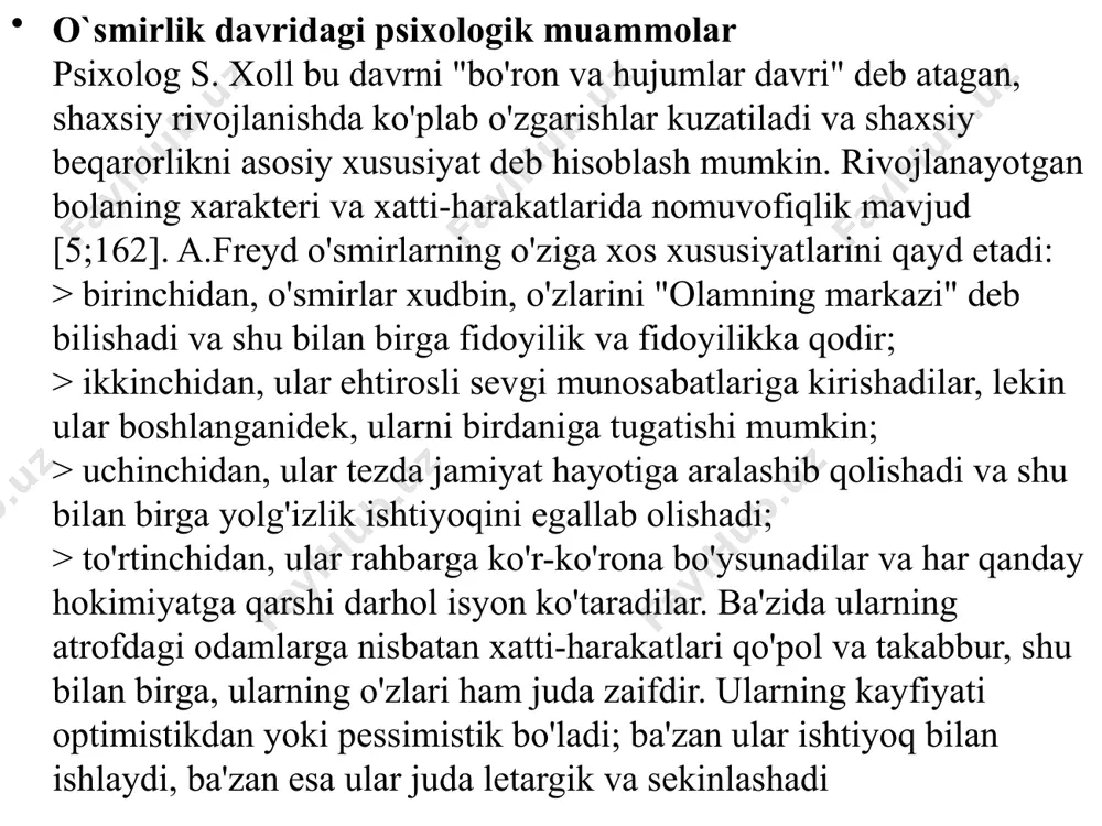 ridan qutulish) va mustaqillikka erishish, hayot yo‘li va kasb-hunar tanlashga jiddiy munosabatda bo‘lish, zarur ijtimoiy-axloqiy normalarni o‘zlashtirishdan iboratdir. o‘smirlarning biologik o‘sishi. o‘smirlik insonning balog‘atga yetish davri bo‘lib, o‘ziga xos xususiyati bilan kamolotning boshqa pog‘onalaridan keskin farqlanadi. o‘smirda ro‘y beradigan biologik o‘zgarishlar natijasida uning psixik dunyosida tub burilish nuqtasi vujudga keladi. balog‘at davriga 11 (12) –15 yoshli qizlar va o‘g‘il bolalar kiradi. kamolotning mazkur pallasida jismoniy o‘sish va jinsiy yetilish amalga oshadi. bolaning bo‘yi 11–12 yoshida 6 -7 sm, hatto 10 sm gacha o‘sishi mumkin. biroq bu bosqichda qizlar o‘gal bolalarga qaraganda tezroq o‘sadilar. o‘smir 13-14 yoshga to‘lganda har ikkala jins o‘rtasida bo‘yning o‘sishi qariyb baravarlashadi. o‘n besh yoshga qadam ko‘yganda esa o‘g‘il bolalar qizlarni ortda qoldirib ketadilar. shundan keyin to umrning oxirigacha o‘sishda o‘g‘il bolalar ustunlik qiladilar. 11-12 yoshdagi o‘smirning ichki sekresiya bezlari qayta quriladi. gipofizning old qismi ishlab chiqaradigan gormonlar gavdaning o‘sishini ta’minlaydi. gipofizning o‘rta qismi kuchayishi sababli pigmentlar …