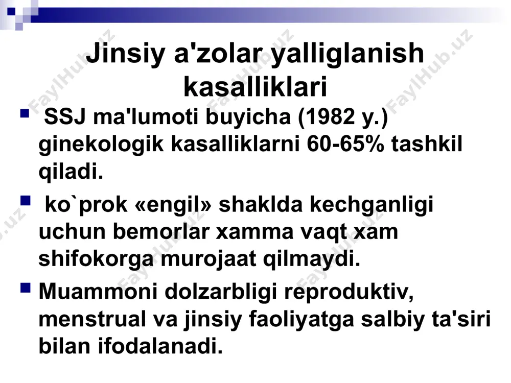 haqiradigan kasallik, -kolpit, servisit, uretrit. jinsiy yo`l orqali yuqadi. inkubasion davr 5-15 kun davom etadi. genital trixomonoz turlari: - yangi trixomonoz, o`tkir, o`tkir osti va torpid shakli; - surunkali trixomonoz, torpid kechish xususiyatli bo`lib kasallik 2 oy davomida kechadi; - trixomonadotashuvchi, trixomonadalar qin surtmasida aniklanadi, lekin klinik belgilar yo`q; trixomoniaz klinikasi ko`p miqdorda ajralmalar, ko`piksimon, qichishish, achishish, peshob ajralganda og`riq. qin ko`zgularida ajralmalar, giperemiya va qin va bachadon bo`yni shilliq qavatining shishi. trixomoniazni davolash metronidazol (trixopol), tinidazol (fasijin), tiberal mahalliy (metronidazol. klion d, terjinan, polijinaks). davolanish natijasi 2-3 xayz sikli davomida aniqlanadi. xlamidioz xlamidiyali infeksiya jinsiy yo`l orqali yuqadigan kasalliklar ichida birinchi o`rinlarning birida turadi. xlamidiyalar obligant xujayra ichidagi parazit. klinik belgilari nospesifik va torpid shaklada kechishi xususiyatga ega. mikoplazmali infeksiya imunnodefisit xolati bor ayollarda ko`proq kuzatiladi. o`tkir va surunkali shaklda kechadi, spesifik simptomsiz. torpid kechish xususiyatli. mikoplazmalar tashqi va ichki jinsiy a'zolarda yallig`lanish jarayonini chaqirishi mumkin, ayniqsa yiringli tubo-ovarial …