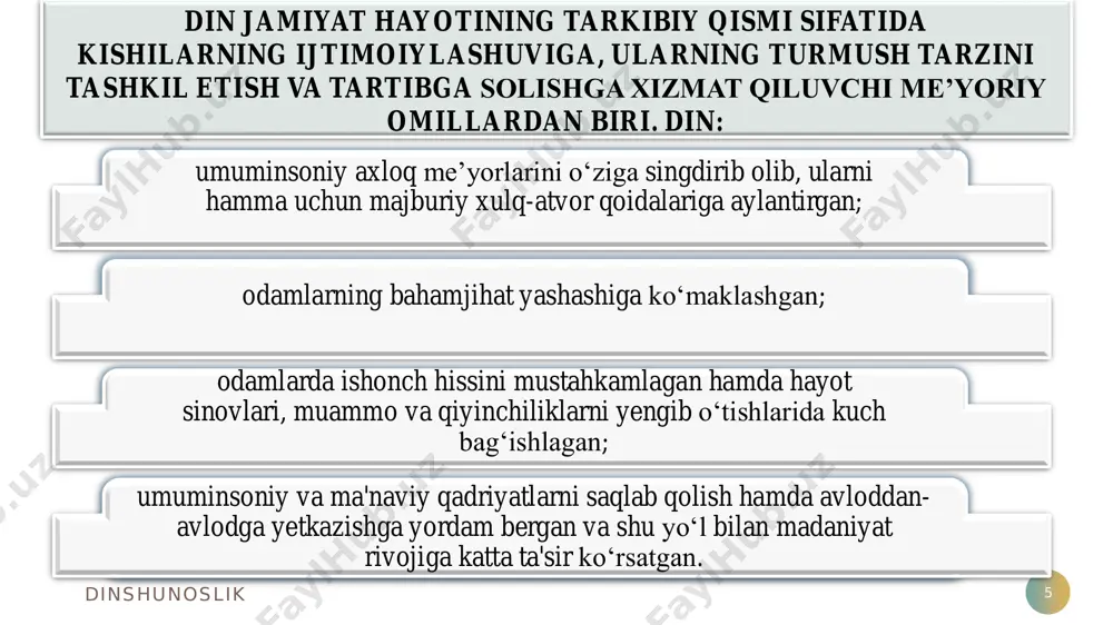 so masih»ga rafiqa topishgan va iso masih ularga ko‘rinib minnatdorchilik bildirgan, deb hisoblaydilar. munchilarning ommaviy nikoh tantanalari «unashtirish» marosimi munchilarning amaliyotida markaziy o‘rinda turadi. u 2 qismdan iborat: «muqaddas vino» marosimi va «muqaddas nikoh». dinshunoslik «aum sinrikyo» - aum (sanskritcha «olam») haqiqati ta’limoti: 21 ushbu sekta 2000 yildan boshlab «alef» nomi bilan faoliyat yuritmoqda (somiy tillar alifbosidagi birinchi harfi bo‘yicha). «aum sinrikyo» yangi diniy, sinkretik, terroristik, ekstremistik, totalitar, destruktiv sekta bo‘lib, vadjrayana buddizmi asosida yaponiyada vujudga kelgan. sektaga yaponiyalik syoko asaxara 1987 yili asos solgan, u 1995 yilda tokio metrosidagi zaharli gazlar portlatishni uyushtirgandan so‘ng mashhur bo‘lib ketgan. hozirda sekta terroristik tashkilotlar ro‘yxatiga kiritilgan. yevropa ittifoqi, kanada, rossiya, aqsh va boshqa davlatlarda faoliyati ta’qiqlangan. dinshunoslik yahve shohidlari (yoki iyegov shohidlari) 22 bu yo‘nalishga 1873 yilda charlz teyz rassel (1852-1916) tomonidan asos solingan. yo‘nalishning diniy ta’limoti uning yetti tomlik «muqaddas yozuvni o‘rganish» kitobiga asoslanadi. ch.rassel vafotidan keyin tashkilotga rahbarlik qilgan iosif …