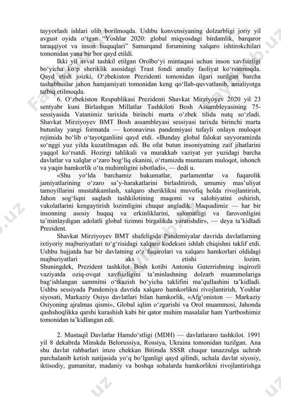 antirishda dadil qatnashib, o‘z salohiyatidan jahon hamjamiyatining ko‘p tomonlama tuzilmasi doirasida maqsadli foydalanishga kirishdi. shunday yondashuv tufayli o‘zbekistonning obro‘si va nufuzi ortib bormoqda”. ushbu iqtibos “political events” haftalik tahliliy jurnali bosh muharriri muhammad ismoil xonga tegishli bo‘lib, o‘zbekiston rahbarining birlashgan millatlar tashkiloti (bmt) bosh assambleyasining 75-sessiyasidagi nutqi yuzasidan aytilgan va mamlakatimizning keyingi to‘rt yil ichida jahon hamjamiyatida egallagan mavqeini ro‘yirost ko‘rsatib turibdi. hindistonlik hamkasbimizning so‘zlaridan anglashiladiki, bugun turli davlatlar rahbarlari hamda ekspertlar jamiyatining diqqat-e’tibori prezident shavkat mirziyoyevning puxta o‘ylangan tashqi siyosati, asosli tashabbuslari va izchil islohotlari tufayli bizning mamlakatimizga qaratilgan. shu davrgacha bmt bosh minbarida o‘zbekiston respublikasi birinchi prezidenti islom karimov va prezidentimiz shavkat mirziyoyevning barcha chiqishlari: 1. 1993 yilda o‘tgan bmt bosh assambleyasining 48-sessiyasi ilk bor birinchi prezidentimiz islom karimov 1993 yil nyu-yorkdagi bosh qarorgohda nutq so‘zlagandi. unda mamlakat markaziy osiyoni yadro qurolidan xoli hududga aylantirish taklifini ilgari surgan. buning amaliy natijasi o‘laroq, 2009 yil 20 martda "markaziy osiyoda …