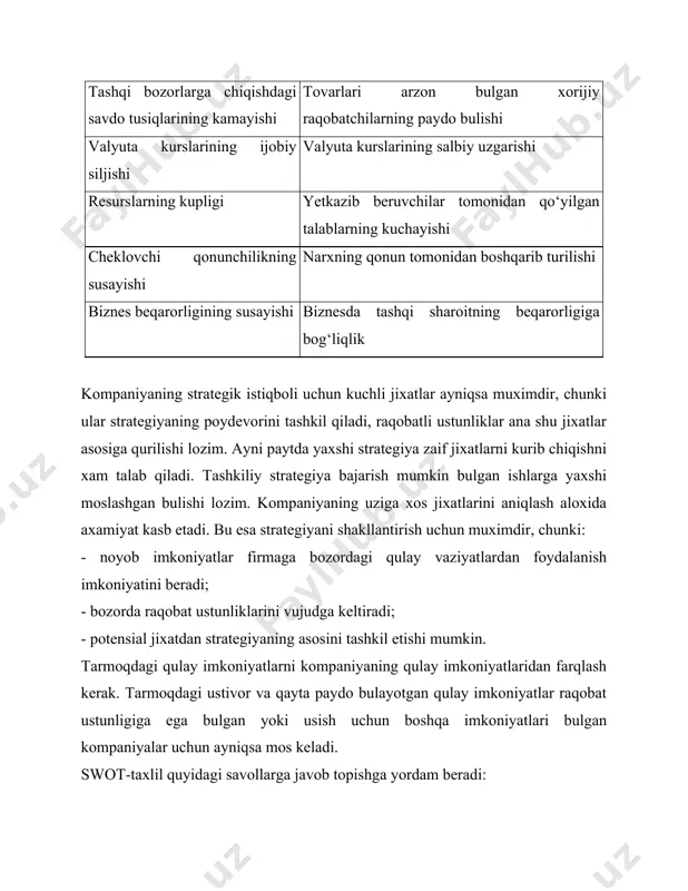 dagi farqlar; - ishlab chiqarish birliklarining kattaligi turlicha bulganligi, ishlab chiqarishning kumulyativ ta’siri, ishlab chiqarish unumdorlik darajalari, turli soliq sharoitlari, ishlab chiqarishni tashkil qilish darajasi va xokazolar tufayli ichki tannarxlardagi farqlar; - inflyatsiya va valyuta kurslarining uzgarishiga kuchli bog‘liqlik; - transport xarajatlaridagi farqlar; - taqsimot kanallariga sarflanadigan xarajatlardagi farqlar. strategik qiymatli taxlilda asosiy e’tibor firmaning uz raqiblariga nisbatan qiymat pozitsiyasiga qaratiladi. bunday taxlilning birlamchi taxliliy yondashuvi qiymat zanjirini yasash bulib, ushbu zanjir xom ashyodan pirovard iste’molchilarning narxlarigacha bulgan qiymat manzarasini aks ettiradi (4.2-jadval). ushbu jadval xarakatlar/xarajatlar zanjirida raqobatchi firmalar bir-biridan eng katta farq qiladigan uchta asosiy soxa borligini kursatadi: ta’minot soxasi, taqsimot kanallarining ilg‘or qismlari, kompaniyaning uz ichki faoliyati. agar firma zanjirning orqa yoki oldingi qismlarida raqobatbardoshlikni kuldan boy bersa, u raqobatbardoshlikni tiklash maqsadida uz ichki xatti-xarakatlarini uzgartirishi mumkin. xatti-xarakatlarning soxalar buyicha qiymat zanjiri. qiymat bushliqlari asosan zanjirning orqa qismida yotsa, firma quyidagi olti xil strategik xatti-xarakatlarni amalga oshirishi mumkin: …