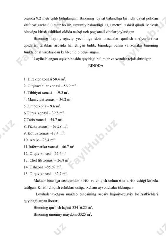asi -13.4 m2. 10. arxiv – 28.4 m2. 11.informatika xonasi – 46.7 m2 12. o`quv xonasi – 62.6m2 13. chet tili xonasi – 26.8 m2 14. oshxona -85.69 m2. 15. o`quv xonasi – 62.7 m2. maktab binosiga tashqaridan kirish va chiqish uchun 6-ta kirish eshigi ko`zda tutilgan. kirish-chiqish eshiklari ustiga ixcham ayvonchalar tiklangan. loyihalanayotgan maktab binosining asosiy hajmiy-rejaviy ko`rsatkichlari quyidagilardan iborat: binoning qurilish hajmi-33416.25 m3. binoning umumiy maydoni-3325 m2. ishchi maydoni-3421.0 m2. rejalashtirishning maqsadga muvofiqlik koeffitsiyenti: hajmiy-rejaviy yechimning tejamlilik koeffitsiyenti: binoning konstruktiv yechimlari farg’ona shahridagi 24-sonli maktab binosini konstruktiv yechimi kompleks tarzda qabul qilingan bo`lib, uning birinchi (3-4) va (5-6) o’qlari orasidagi qismlari elastik variantda qalinligi 250mm-li panelldan barpo etilgan binoning panelli qismida poydevorlar lentasimon fundament bloklaridan (fbs) terilgan bo`lib, balandligi 1.2 metrni tashkil qiladi. binoning temirbeton quyma ustunlar ostiga quyiladigan to’sinlar, ular b 12.5 sinfli og`ir betondan tayyorlanadi. poydevor tagligining rejadagi o`lchamlari chetki qatorlarda eni 1.5 m o`rta qatorlarda …