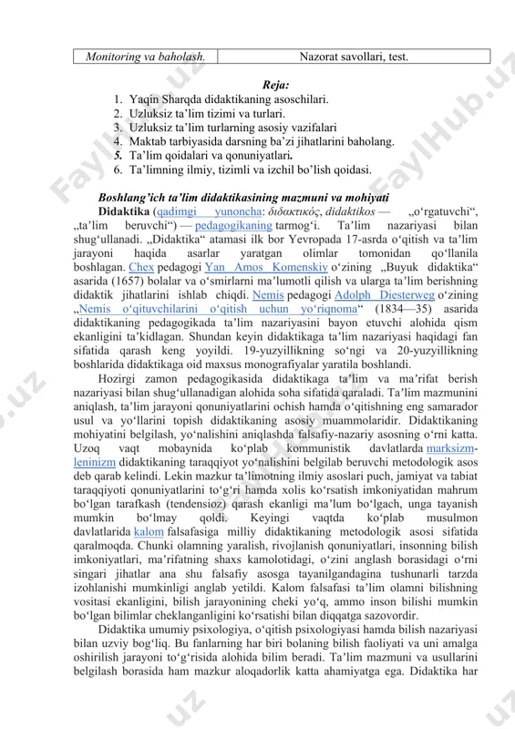 ohiyati didaktika (qadimgi yunoncha: διδακτικός, didaktikos — „oʻrgatuvchi“, „taʼlim beruvchi“) — pedagogikaning tarmogʻi. taʼlim nazariyasi bilan shugʻullanadi. „didaktika“ atamasi ilk bor yevropada 17-asrda oʻqitish va taʼlim jarayoni haqida asarlar yaratgan olimlar tomonidan qoʻllanila boshlagan. chex pedagogi yan amos komenskiy oʻzining „buyuk didaktika“ asarida (1657) bolalar va oʻsmirlarni maʼlumotli qilish va ularga taʼlim berishning didaktik jihatlarini ishlab chiqdi. nemis pedagogi adolph diesterweg oʻzining „nemis oʻqituvchilarini oʻqitish uchun yoʻriqnoma“ (1834—35) asarida didaktikaning pedagogikada taʼlim nazariyasini bayon etuvchi alohida qism ekanligini taʼkidlagan. shundan keyin didaktikaga taʼlim nazariyasi haqidagi fan sifatida qarash keng yoyildi. 19-yuzyillikning soʻngi va 20-yuzyillikning boshlarida didaktikaga oid maxsus monografiyalar yaratila boshlandi. hozirgi zamon pedagogikasida didaktikaga taʼlim va maʼrifat berish nazariyasi bilan shugʻullanadigan alohida soha sifatida qaraladi. taʼlim mazmunini aniqlash, taʼlim jarayoni qonuniyatlarini ochish hamda oʻqitishning eng samarador usul va yoʻllarini topish didaktikaning asosiy muammolaridir. didaktikaning mohiyatini belgilash, yoʻnalishini aniqlashda falsafiy-nazariy asosning oʻrni katta. uzoq vaqt mobaynida koʻplab kommunistik davlatlarda marksizm-leninizm …