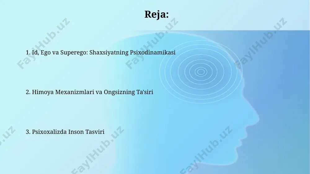 shaxsning ruhiy salomatligiga ta'sirini tushunish uchun misollardan foydalanilgan. himoya mexanizmlari va ularning ifodasi repressiya mexanizmi, xotiralar va his-tuyg'ularni ong ostiga bostirish orqali, taxminan 15% odamlarda kuzatiladi va stressli vaziyatlarda, masalan, tabiiy ofatlar yoki urush paytida, o'zini namoyon qilishi mumkin. psixologik himoya mexanizmlarining 3 ta asosiy turi – inkorgarlik, proyeksiya va ratsionalizatsiya – sigmund freyd tomonidan 20-asrning boshlarida, vena shahrida ta'riflangan va psixik salomatlikni saqlashdagi rolini o'rganishda muhim ahamiyatga ega. transfer va kontraptransfer munosabatlari o'tkazma va qarshi o'tkazma munosabatlarida, 1900-yillarning boshida avstriya, vena shahrida paydo bo'lgan psixologik tushunchalarga ko'ra, bemorning terapevtga bo'lgan 3 ta asosiy his-tuyg'ularini aniqlash muhim ahamiyatga ega. qarshi o'tkazma hodisasi terapevtning bemorga nisbatan 2 xil his-tuyg'ularini (masalan, shaxsiy tajribalarga bog'liq holda) o'z ichiga oladi, bu esa 5 ta asosiy psixodinamik maktablarning biri bo'lmish ob'ekt munosabatlari nazariyasi doirasida tahlil qilinadi. o'zlik hissi va o'zlik qadrining shakllanishi eriksonning psixososial rivojlanish nazariyasi boʻyicha, oʻzlik hissi va oʻzlik qadrining toʻliq shakllanishi taxminan …