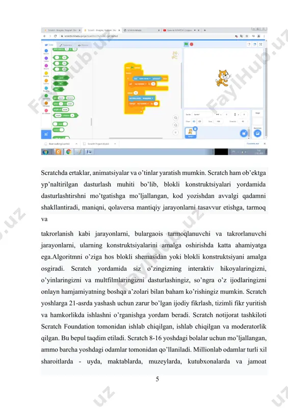koʻrishlari mumkin. ta’lim yoshlar scratch bilan nimani o’rganayotgani haqida bir sahifali umumiy ma’lumot uchun {learningwithscratch} sahifasiga qarang. maqolani {creativelearningapproach} da oʻqing. jamiyat biz barcha sayt aʼzolaridan hamjamiyat yoʻriqnomalariga amal qilishlarini soʻraymiz. biz shaxsiy hisob ma’lumotlariga kirishni ta’minlamaymiz. qo’shimcha ma’lumot olish uchun maxfiylik siyosatiga qarang. scratch turli o’rganish uchun mavzular bor, ularni o’rganib, o’z ustida ishlab o’qituvchilar yoki ota onalar bolalariga scratchda loyihalar yaratishni o’rgatisghlari mumkin. ismini yozish, harflarini burish hamda ularni turli ranglarda yonishini hosil qilish amallariga, unga oid konstruktsiyalarni topib qo’yishni amalga oshirsa bo’ladi. harflarni turli ranglar olishini va personajlarni harakatga keltirish uchun konstruktsiyalarni tanlab kon struktsiyalardan iborat kod yozadigan ekranga sudrab quyiladi. har bir harf ham personaj vazifasini o’taydi, ularni tugmani bosib. bi sphaning ohirida harflarni tanlash mumkin, harflarning ham turli variantlari va ko’rinishlari mavjud. turli blokli konstr uktsiyalardan bloklarni tanlab qo’yamiz, ismdagi harflar ham turli ranglarga o’zgaradi: har birta harf uchun shunday konstruktsiyalarni yozib chiqiladi va natijada …