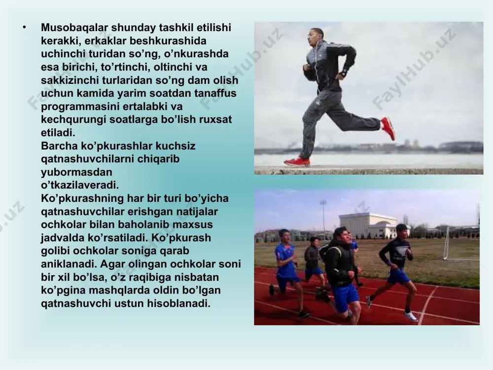 oq , ya`ni marofoncha masofa 42 km 195 m ga teng uloqtirish – maxsus snaryadlarni o`zoqlikka itqitish va uloqtirish mashqlaridir. bularning natijalari metr va santimetr bilan aniqlanadi. uloqtirish asab-musqo`l kuchlanishi qisqa vaqtda maksimal bulishi bilan harakterlidir. bunda qo`l, elka kamari va tana musqo`llarigina emas, balki oyoq musqo`llari ham faol qatnashadi.yengil atletika snaryadlarini o`zoqqa uloqtirish uchun, kuch, tezlik, chaqqonlik, yuqori darajada rivoj topgan bulishi va o`z kuchini yig`a bilmoq zarur. uloqtirish bilan shug`ullanish bu muhim fazilatlarni taraqqiy ettiribgina qolmasdan, butun tana musqo`llarining garmonik rivojlanishiga ham yordam beradi. yengil atletik uloqtirishlar ijro usulida qarab uch turga bo`linadi: 1) bosh ortidan boshlab uloqtirish (nayza va granata): 2) aylanib uloqtirish (disk, bosqon): 3) itqitish (yadro). uloqtirish usullarining farqi syanaryadlarning shakli va og`irligiga bogliqdir. yengil, ushlash ung`ay bulgan snaryadlarni to`g`ridan yugurib kelib, bosh ortidan boshlab o`zoqqa uloqtirish mumkin , og`irroq snaryadlarni aylanib uloqtirish ungayroq: maxsus tutqichi bulmagan , og`ir snaryad yadroni esa itqitish ungayroq. sakrash …