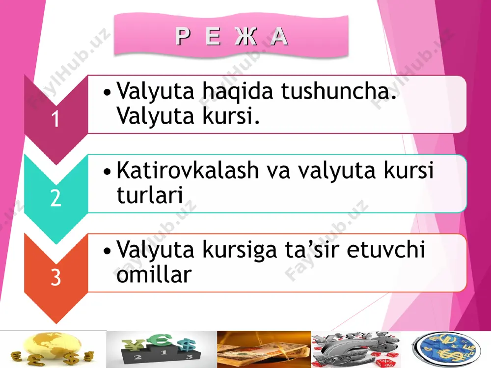 adigan valyuta – konvertirlanmaydigan valyuta – bu, fakat ba’zi xorijiy valyutalarga almashtiriladigan va xalkaro to’lov oborotini kisman kamrab oladigan milliy valyutadir. bu, fakatgina ichki to’lovlarga xizmat kiladigan va xorijiy valyutaga ayirboshlanmaydigan milliy valyutadir. valyuta kurslarining o'zgarishiga bir kator omillar ta'sir ko'rsatadi. ularni kiskacha karab chikamiz: iste'mol- chilar didining boshka mamlakat buyumlariga nisbatan o'zgarishi. turli mamlakat- larda daromad- lardagi nisbiy o'zgarish- lar baxodagi nisbiy o'zgarish- lar. nisbiy real foiz stavkalari spekulya- tsiya. 1996 – 2018 yillarda valyuta kursi dinamikasi 1996 – 2018 yillarda valyuta kursi dinamikasi 1996 – 2018 yillarda valyuta kursi dinamikasi valyuta almashinuv kursini tartibga solish bu vaziyatdan chikishning yagona yo'lidir e'tiboringiz uchun raxmat!!!