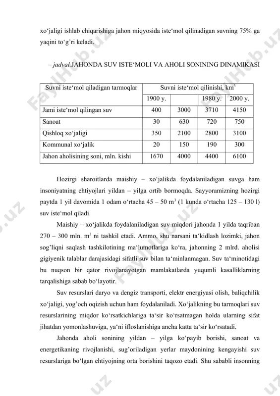 a foydalaniladigan suvga ham insoniyatning ehtiyojlari yildan – yilga ortib bormoqda. sayyoramizning hozirgi paytda 1 yil davomida 1 odam o‘rtacha 45 – 50 m3 (1 kunda o‘rtacha 125 – 130 l) suv iste‘mol qiladi. maishiy – xo‘jalikda foydalaniladigan suv miqdori jahonda 1 yilda taqriban 270 – 300 mln. m3 ni tashkil etadi. ammo, shu narsani ta‘kidlash lozimki, jahon sog’liqni saqlash tashkilotining ma‘lumotlariga ko‘ra, jahonning 2 mlrd. aholisi gigiyenik talablar darajasidagi sifatli suv bilan ta‘minlanmagan. suv ta‘minotidagi bu nuqson bir qator rivojlanayotgan mamlakatlarda yuqumli kasalliklarning tarqalishiga sabab bo‘layotir. suv resurslari daryo va dengiz transporti, elektr energiyasi olish, baliqchilik xo‘jaligi, yog’och oqizish uchun ham foydalaniladi. xo‘jalikning bu tarmoqlari suv resurslarining miqdor ko‘rsatkichlariga ta‘sir ko‘rsatmagan holda ularning sifat jihatdan yomonlashuviga, ya‘ni ifloslanishiga ancha katta ta‘sir ko‘rsatadi. jahonda aholi sonining yildan – yilga ko‘payib borishi, sanoat va energetikaning rivojlanishi, sug’oriladigan yerlar maydonining kengayishi suv resurslariga bo‘lgan ehtiyojning orta borishini taqozo etadi. shu sababli insonning …