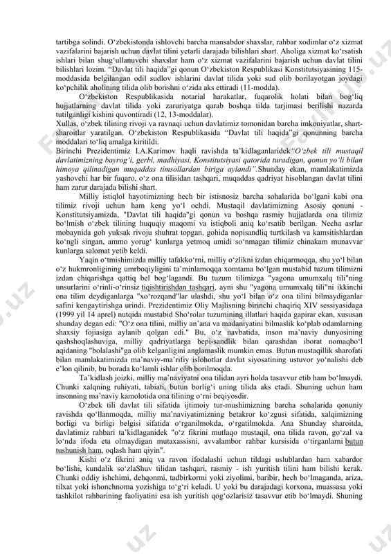 xatlar oqib kela boshladi. keng jamoatchilik matbuot sahifalarida, yig‘ilish va ommaviy axborot vositalarida o‘zbekistonda faqat o‘zbek tiliga davlat tili maqomi berilishini yoqlab chiqdilar, o‘z fikrlarini isbotlash uchun dalillar keltirdilar. ikki tillilikni yoqlab yuborilgan xatlar ham anchagina bo‘ldi, lekin u butun o‘zbek xalqining talabi bo‘la olmadi. til to‘g‘risidagi qonunni ishlab chiqishga davlat hokimiyati organlari jamoatchilik ishtirokida qat`iy bel bog‘ladi. til to‘g‘risidagi qonun loyihasi ishlab chiqilib, u ikki marta xalq muhokamasiga qo‘yildi. “davlat tili haqida”gi qonun loyihasi shunday qizg‘in va bahsli muhokama etildiki, hech bir qonun loyihasi bunchalik qizg‘in va faol muhokama etilmagan edi. qonun loyihasi bo‘yicha ishchi komissiyaga 4,5 mingdan ortiq xatlar tushib, ularga 151 ming kishi imzo chekkan edi. qonun loyihasi yuzasidan 225 ming taklif ko‘rib chiqilib, ko‘plari inobatga olindi. va nihoyat, 1989-yilning 21-oktabrida o‘zbekiston respublikasining “davlat tili haqida”gi qonuni qabul qilindi. xalq sobiq mustabid tuzum hukmronligi davrida, “qizil imperiya” sharoitida, “markaz”ning tazyiqi va ta`siri kuchli bo‘lgan bir paytda o‘zbek …