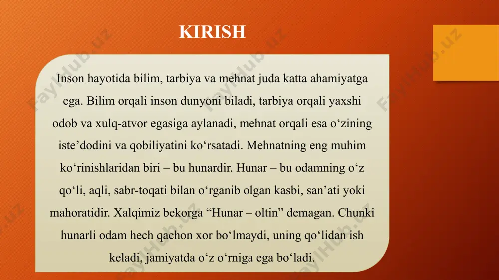 uchun qanday foyda keltiradi? bu kasbga erishish uchun hozirdanoq nimalar qilishingiz kerak? vi.uyga vazifa berish. kasblar haqida insho yozib kelish. image2.png image3.png image4.jpeg image5.emf image6.emf image1.png iii. yangi mavzuning bayoni. hunarning hidi qanaqa ? (janni rodari) har hunarning o‘zicha bordir hidi - belgisi. novvoyxonadan kelar xamirturushning isi. ustaxona yonidan 0‘tib qolsang-chi agar, yangi taxta, payraha hidi dimoqqa tegar. bo‘yoqchida bo‘yoqning hidi bo‘ladi har xil . oyna quchoqidan ha m zamaska hidi anqir. haydovchining kurtkasid a benzin hidi bor doim . ishchining kiyimida n kelar mashina moyi. v. o‘quvchilarni baholash . o‘quvchilarning darsda ishtirokiga ko‘ra baholanadi va rag‘batlantiriladi. “barakalla” va “balli”, teppa-teng 5 bahoga. ballisi ko‘p bolaning, dili o‘xshar bahorga. shuning uchun deymiz biz, baravar “barakalla !” (po‘lat mo‘min) /docprops/thumbnail.jpeg