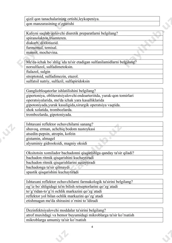 tropin magniy sulfat aspirinning antiagregant ta'siri nima? trombotsitlar agregatsiyasini kamaytirib, qon ivishini sekinlashtiradi. qon ivishini sekilashtiradi. trombotsitlar yig`ilishishi kamaytiradi. qon ivishini tezlashtiradi. bevosita ta'sir etuvchi antikoagulyantlarga nimalar kiradi ? geparin, sitrat natriy urokinaza, plazmin neodikumarin, sinkumar streptoliaza, qontrikal o`t ajralib chiqishini engillashtiruvchi vositalarni ko’rsating? ingliz tuzi, atropin,papaverin, karlovar tuzi, berberin allaxol,xolenzim xolosas,degidroxol kislota o’simlik yig’malari, sikvalon, oksafenamid oksitotsin ta'sir mexanizmini belgilang? miotsitlarning umumiy retseptorlariga ta'sir etadi betta adrenoretseptorlarni bloklaydi betta ikki adrenoretseptorlarni qo’zgatadi bachadon alfa adrenoretseptorlarni qo’zgatadi nitrofuran va 8-oksixinolin guruxi preparatlarini farmakologik ta'sirini va ishlatilishini ko’rsating? bakteritsid va bakteriostatik bo`lib,oshqozon-ichak xamda siydik yo’llari infektsiyalarini davolashda ishlatiladi bakteriostatik bo`lib, asosan ko’z va quloqda uchraydigan mikroorganizmlarga ta'sir qiladi o`pka yalliglanishi kasalliklarida qo’llaniladi,bakteriotsid ta'sirga ega oshqozon kasalliklarida ishlatiladi,bakteriotsid ta'sirga ega kaltsiy antogonistlarini ta'sirini ko’rsating? membrana orqali kaltsiy ionlarini o`tishini tormozlaydi natriy va kaliy ionlarini o`tishini sekinlashtiradi simpatolitik ta'sir ko`rsatadi kaltsiy ionlarini o`tishini kuchaytiradi viruslarga qarshi preparatlarni ko’rsating? midantan, remantadin tetratsiklin, oletetrin benzilpenitsillin,analgin …