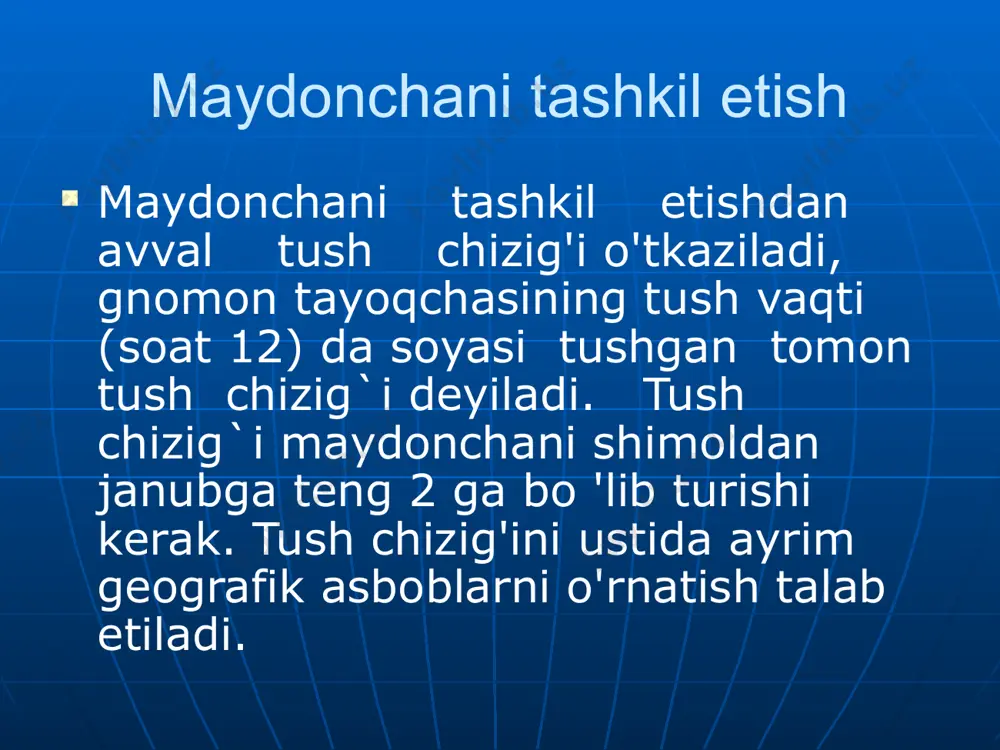 2 metr bo'lgan 2 ta yarim shar shaklidagi simning aylana simga о'rnatilishidan hosil bo'ladi. sektorlar topografik sektor – bu sektordan tog', vodiy, vulqon va boshqa relyef shakllarini tosh va sement qorishmasidan tayyorlanib, tegishli ranglarga bo'yalgan maketi joy oladi. ochiq sinf sektori – bunda partalar va doska qo'yiladi. geograflk maydonchada mashg'ulotlar 15 minutdan 45 minutgacha davom etishi mumkin. maydonchadan sinf o'quvchilarni 4 – 5 kishilik guruhlarga ajratib, mashg'ulotlar о'tkaziladi. geograflya xonasida deraza oldida ham geograflk maydoncha tashkil qilish mumkin. bunda termometr, gigrometr, barometr, aneroid va gramli sut shisha, varonka qo'yiladi. geografiya maydonchasi to'g'risida umumiy qoida. 1. geografiya maydonchalari maktab binosining g'arb va sharq tomonida joylashtiriladi. bunday imkoniyatlar mavjud ho'lmagan dargohlarida shimol va janub tomonda joylashtirilgan maydonchalarning asosiy asbobi – flyuger yaqin atrofdagi bino va daraxtlardan baland ко 'tarilib turishi shart. 2. geografiya xonasi rahbari - geografiya o'qituvchisi hovlidagi geografiya maydoncha uchun shaxsan mdsuldir. 3. geografiya maydonchasini boshqaruvchisi va ob-havoni nazorat etuvchi …