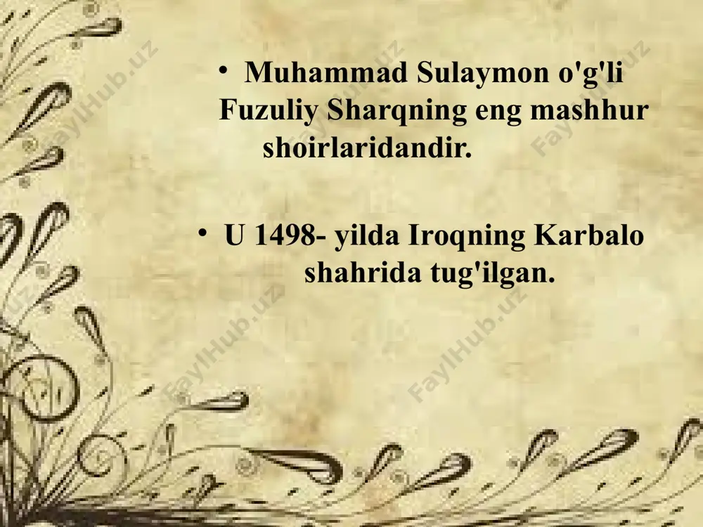 n, oshiqi va’dayi ehson ila mamnun etding. jur’a-jur’a may ichib, zebi jamol orttirding, zarra-zarra ko‘ziming nurini afzun etding. ey fuzuliy, oqidib seli sirishk og‘layali, ishq ahlina fig‘on etmagi qonun etding. audio1.wav image1.jpeg image2.jpeg image3.jpeg image4.jpeg image5.jpeg image6.jpeg image7.jpeg image8.jpeg image9.jpeg image10.jpeg image11.jpeg image12.jpeg image13.jpeg image14.jpeg image15.jpeg image16.jpeg image17.jpeg
