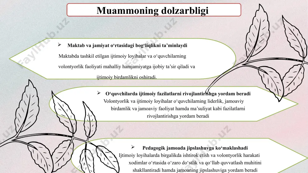 asini baham ko‘rish tajribasini ishlab chiqish volontyor o‘quvchilar uchun maxsus seminar-treninglar o‘tkazish maktab va mahalla hamkorigida ijtimoiy loyihalar ishlab chiqish 2 4 maktabda volontyorlik faoliyatini yo‘lga qo‘yish uchun ishchi guruh tuzish kanada germaniyada germaniyada “freiwilliges soziales jahr” (fsj ) 16-17 yosh orasidagi yoshlar uchun davlat tomonidan qo‘llab quvvatlanadigan davlat dasturi bo‘lib, o‘quvchilar 1 kun davomida ishga chiqib, topgan mablag‘larini ijtimoiy loyihalarga sarflashadi. isroilda isroilda volontyorlik faqat maktab doirasida emas, balki butun jamiyatda keng tarqalgan bo‘lib, o‘quvchilar muhtoj guruhlarga yordam berishga jalb qilinadi. maktab o‘quvchilari o‘z qiziqishlariga qarab volontyorlik mashg‘ulotlarini tanlashi mumkin. mavzu yuzasidan xorijiy tajribalarning oʻrganilganligi kanada maktablarida o‘quvchilar bitiruv oldidan kamida 40 soatlik ijtimoiy xizmatni bajarishlari talab qilinadi.maktablar ekologik volontyorlikka katta e`tibor qaratadi, masalan, “green schools canada” loyihasi orqali o‘quvchilar atrof muhitni muhofaza qilishda faol ishtirok etadi. mavzu yuzasidan qiyosiy tahlil amaldagi holat (o‘zbekistonda) xorijda taklif hayriya, ekologik va ijtomiy yordam aksiyalari faoliyat yuritadi. kanada maktablarida o’quvchilar bitiruv oldidan …