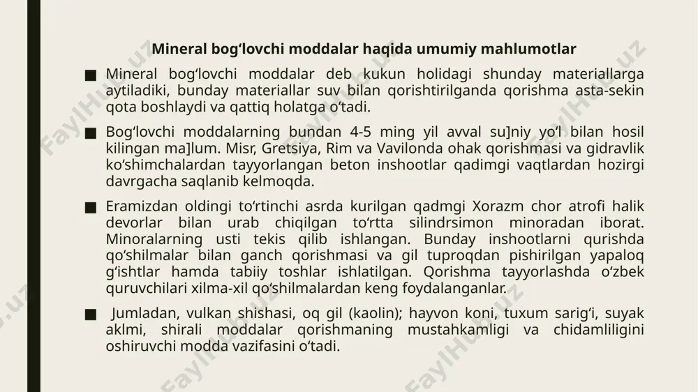 b chiqariladi. bulardan tashqari, ko‘pgina viloyatlarda ham ohak tayyorlaydigan mahalliy korxonalar bo‘lib, ular hududidagi qurilish tashkilotlarini ohak ta’minlaydi. gidravlik ohak tarkibida 6 protsentdan kuproq miqdorda gil bo‘lgan mergelli ohaktoshni kuydirish yo‘li bilan tayyorlanadi. kuydirilganda hosil bo‘ladigan kalsiy silikat va kalsiy alyuminatlar materialga bog‘lovchi xossalarini beradi. gidravlik ohakning mustahkamlik chegarasi 2,5 mp gacha. u zax xonalarni suvashda suvoq qorishmalarini tayyorlash uchun ishlatiladi. bush holdagi o‘rtacha zichligi 0,7...0,8, zichlangan holatdagisi 2,1 t/m3 gacha o‘zbekistonda ishlab chiqarilmaydi. gips bog‘lovchilar ikki molekula suvli gips saso4 . 2 n2o yoki angidrid saso4 ni termik usulda ishlash va tuyish yo‘li bilan olinadi. past temperatura va yuqori temperaturada quyidirilgan gips bog‘lovchilar bo‘ladi. past temperaturada yuydirilgan gipslar yuqori aytilgan xom ashyoga 110-180o s temperaturada issiqlik bilan ishlov berish orqali olinadi. oxirgi mahsulot tarkibida asosan yarim molekula suvli gips saso4. 0,5n2o bo‘ladi. past temperaturada kuydirilgan gipslar jumlasiga qurilish gipsi, qolipbop va o‘ta mustahkam gipslar kiradi. qurilish gipsi o‘zbekiston zavodlarida …