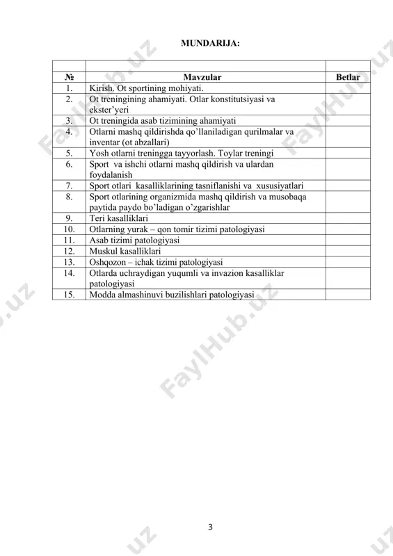 lashtirish shakli jamoaviy ta’lim vositalari ma’ruzalar matni, proyektor, tarqatma materiallar, grafik organayzerlar. ta’lim berish sharoiti maxsus texnik vositalar bilan jihozlangan auditoriya monitoring va baholash og’zaki so’rov: tezkor - so’rov. ma’ruza mashg’ulotining texnologik kartasi ish bosqichlari va vaqti faoliyat mazmuni ta’lim beruvchi ta’lim oluvchi 1 - bosqich. kirish (10 daq.) 1.1. mavzu, uning maqsadi, o’quv mashg’ulotidan kutilayotgan natijalar ma’lum qilinadi. 1.1. eshitadi, yozib oladi. 2 - bosqich. asosiy (60 daq.) 2.1. talabalar e’tiborini jalb etish va bilim darajalarini aniqlash uchun tezkor savol-javob o’tkazadi. - trening va ot kasalliklariga doir qanday atamalarni bilasiz? 2.2. o’qituvchi vizual materiallardan foydalangan holda ma’ruzani bayon etishda davom etadi. sport otlari zotlari, ayrim sport otlari tushunchalarini sharhlaydi. 2.3. a) trening va ot kasalliklari fani nimani o’rganadi deb o’ylaysiz? b) salt miniladigan va yo’rtoqi ot zotlari qanday vazifalarni bajaradi? v) otga yaqinlashishda va u bilan ishlashda havfsizlik texnikasi ahamiyati nimada? kabi savollarni tushuntirib beradi. 2.4. talabalarga mavzuning asosiy …