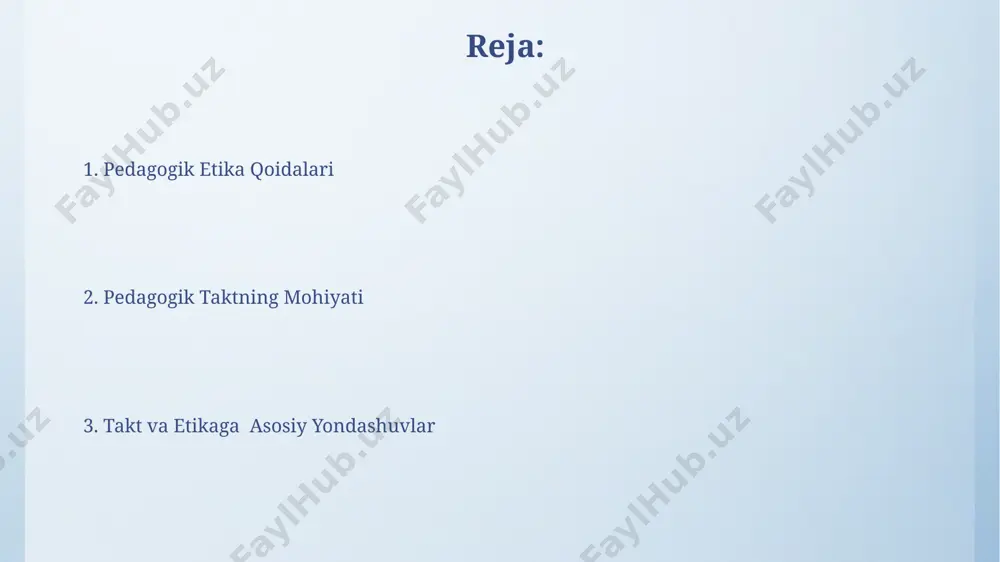 stahkamlaydi. talaba bilan muloqotda kamida 3 ta turli muloqot usulini (masalan, og'zaki, yozma, multimedia) qo'llash, o'quv jarayonining samaradorligini 20% ga oshirishi mumkin. o'qituvchining axloqiy sifatlari pedagogik takt, kamida 3 ta turli o'quv uslublarini qo'llash orqali, o'quvchilarning 80% faol ishtirokini ta'minlashni o'z ichiga oladi. o'qituvchining adolatliligi, 5-10% talabalarning o'ziga xos ehtiyojlarini hisobga olgan holda, individual yondashuvni namoyon etish orqali aniqlanadi. pedagogik takt va innovatsiyalar innovatsiyalar, masalan, interfaol o‘yinlar va simulyatsiyalar kabi texnologiyalarni qo‘llash orqali, dars jarayonini 20% ga qisqartirish bilan birga, o‘quvchilarning bilim olish darajasini 15% ga oshirish imkonini beradi. pedagogik takt va innovatsiyalarni birlashtirish, o‘qituvchilarga 4.0 balli shkala asosida baholanuvchi yangi kompetensiyalarni egallash, 21-asr o‘quvchilari bilan samarali ishlash imkonini beradi. e'tiboringiz uchun rahmat @taqdimot_robot image4.png image5.jpg image6.jpg image7.jpg image8.jpg image9.jpg image10.jpg image11.jpg image3.jpeg