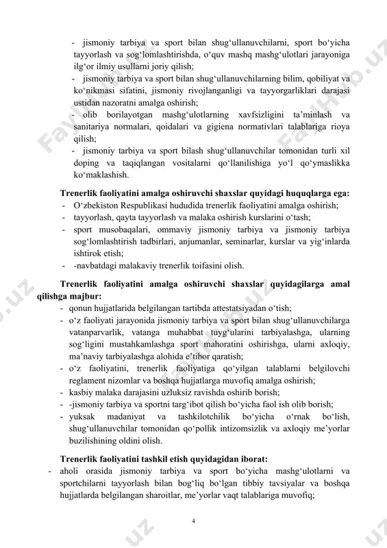 sida maxsus huquqiy pedagogik faoliyatni rivojlantirish taqozo etiladi, bunga quyidagilar kiradi: -huquqiy ma’rifat – ta’lim tizimida huquqiy bilimlarni o‘rgatish; -huquqiy tarbiya – sportchida qonun qoidalarga rioya qiladigan shaxsni shakllantirish; shunday qilib, jismoniy tarbiya va sport tizimi faoliyatini rivojlantirish uchun, barcha boshqaruv muassasalari sog‘lom avlodni o‘qitish va tarbiyalash sohasida yagona davlat siyosatini qo‘llab-quvvatlashlari dolzarb deb qayd etilgan yuqoridagi masalalarni o‘z vaqtida va ijodiy hal etishlari barcha o‘quv yurtlarining ish saviyasi hozirgi zamon talablariga muvofiq amalga oshirilishini ta’minlashlari kerak. 15.2.trenerning huquqiy ta’limi. jismoniy tarbiya va sportning aholi qatlamlari orasida keng tarqalishida, hamda davlatimizning yuqori saviyadagi sportchilar zahirasini tayyorlashda, trenerning huquqiy savodxonligi muhim ahamiyatga ega. kadrlarni sifatli va tizimli tayyorlashda va umuman jismoniy tarbiya va sportni rivojlantirishda, trenerlarning jismoniy tarbiya va sport sohasidagi huquqiy me’yoriy hujjatlarni, xususan o‘z faoliyatining asosiy maqsadi, huquq va majburiyatlarini bilishi lozim. trenerlar faoliyatiga tegishli asosiy me’yorlarni ko‘rib chiqsak, “o‘zbekiston respublikasining trenerlar to‘g‘risidagi nizomi”ga binoan quyidagilar trenerlik faoliyatining asosiy …