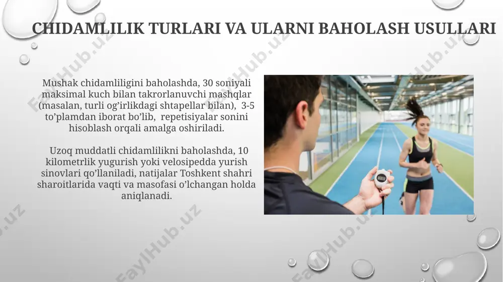 r ishtirokchining mushak kuchini o'lchaydigan dinamometrik sinovlardan olingan ma'lumotlarni tahlil qilish natijasida 80% dan yuqori natija ko'rsatganlarning chidamlilik darajasi yuqori ekanligi kuzatildi. samarqanddagi 20 nafar sportchining yugurish sinovlari natijalarini tahlil qilishda o'rtacha puls tezligi 180 urish/daqiqada, maksimal kislorod sarfi esa 50 ml/kg/daqiqadan yuqori bo'lgan sportchilar yuqori chidamlilikka ega ekanligi aniqlandi. e'tiboringiz uchun rahmat @taqdimot_robot image3.png image4.jpg image5.jpg image6.jpg image7.jpg image8.jpg image9.jpg image10.jpg image11.jpg image12.jpg image1.png