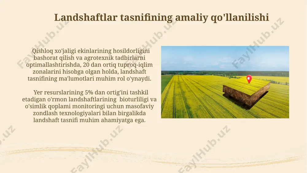 i. landshaftlarning dinamikasi va evolyutsiyasi landshaftlarning evolyutsiyasi geologik jarayonlar, masalan, 10 000 yil ichida sodir bo'ladigan tektonik harakatlar va eroziya kabi omillar bilan bog'liq bo'lib, o'simlik qoplamining o'zgarishiga olib keladi. suv resurslarining o'zgarishi, masalan, 10% ga kamayishi yoki ko'payishi, yarim cho'l va cho'l landshaftlarida tuproq tuzilishi va o'simlik jamiyatlarining tarkibini sezilarli darajada o'zgartirishi mumkin. funktsional landshaftlar tasnifi funksional landshaftlar tasnifi 3 asosiy toifaga: qishloq xo'jaligi, sanoat va rekreativ landshaftlarga bo'linadi, har biri o'ziga xos ekologik xususiyatlar va 5 dan ortiq funksiya ko'rsatkichlariga ega. funksional landshaftlarning tasnifi tabiiy va antropogen omillarni hisobga olib, ekologik barqarorlikni baholash va 20 yildan ortiq muddatga rejalashtirishda muhim ahamiyatga ega. biogeotsenozlar va landshaftlar landshaftlarning tasnifi, masalan, relyef, tuproq, iqlim kabi 5 ta asosiy faktorlarga asoslanadi va har bir landshaft o'ziga xos xususiyatlarga ega. biogeotsenozlarning o'zaro ta'siri va o'zgarishi natijasida landshaftlarning 3 ta asosiy turi – tekislik, tog' va cho'l landshaftlari shakllanadi. landshaftlarni morfologik tasnifi landshaftlarning egilish …