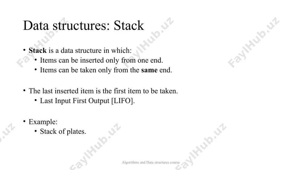 ced. for example: “[(])” is not balanced. data structures: stack problem: balanced parentheses algorithms and data structures course algorithm: declare a character stack s. now traverse the expression string exp. if the current character is a starting bracket (‘(’ or ‘{’ or ‘[’ or ‘ ’) then pop from stack and if the popped character is the matching starting bracket then fine else parenthesis are not balanced. after complete traversal, if there is some starting bracket left in stack then “not balanced”. data structures: stack problem: balanced parentheses algorithms and data structures course initially: stack = expression = pushing step 1, added opening bracket: stack = expression = pushing step 2, added opening bracket : stack = expression = checking step 3, removed opening bracket : stack = expression = pushing step 4, added opening bracket : stack = expression = checking step 5, removed opening bracket : stack = …