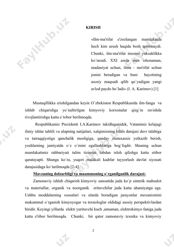 vodorod ko’rsatkichi 1.4-§. bufer eritmalar 1.5-§. elektrolit eritmalarining elektr o’tkazuvchanligi 1.6-§. elektr o’tkazuvchanlikni o’lchash 1.7-§. elektrodlarda boradigan jarayonlar. metall-eritma chegarasida potensiallarning hosil bo’lishi 1.8-§. elektrod potensial 1.9-§. kimyoviy galvanik elementlar 1.10-§. konsentratsion galvanik elementlar 1.11-§. oksidlanish-qaytarilish elektrodlari ii-bob. elektr yurituvchi kuch 2.1-§. elektr yurituvchi kuch va elektroddagi jarayonlar 2.2-§. elektr yurituvchi kuchni о`lchash 2.3-§. taqqoslash elektrodlari 2.3.1-§. xlorkumush elektrodi 2.3.2-§. veston elementi 2.3.3-§. kalomel elektrodi 2.4-§. potentsiometriya 2.5-§. konduktometrik titrlash 2.5.1-§. elektr o’tkazuvchanlikning ahamiyati 2.6-§. тexnik kimyoviy tok manbalari 2.7-§. metallar korroziyasi 2.8-§. misning elеktrоkimyoviy ekvivalеntini va iоn zaryadini tajriba asosida aniqlash 2.9-§. navoiy «elеktrkimyo zavodi» aksiyadorlik jamiyati xulosalar foydalangan adabiyotlar ro’yxati ilova kirish «ilm-ma'rifat e'zozlangan mamlakatda hеch kim urush haqida bosh qotirmaydi. chunki, ilm-ma'rifat insonni yuksaklikka ko`taradi. xxi asrda mеn ishonaman, madaniyat uchun, ilmu - ma'rifat uchun jonini bеradigan va buni hayotining asosiy maqsadi qilib qo`yadigan yangi avlod paydo bo`ladi» (i. a. karimov) [1] mustaqillikka erishilgandan kеyin o`zbеkiston rеspublikasida …
