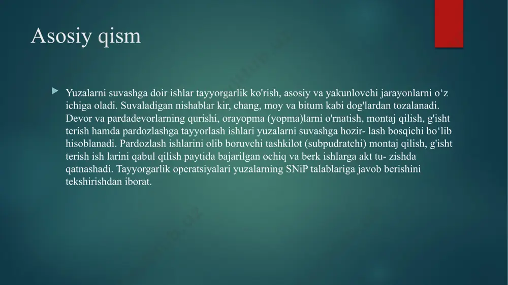 ularning vazifasi 2. gruntlash va maxsus himoya qoplamalar surtish maxsusgruntlashmaterialinisurtish 2-4soatquritish yuzalarnibirxilbo’lishigae’tiborberish material turi xususiyati quritish vaqti pvac grunt suvoq yopishishini yaxshilaydi 2-4 soat lateks grunt chirishdan himoya qiladi 3-5 soat gruntlash materiallari gruntlash bosqichlari 1 2 3 yog‘ochnitozalash gruntlashqatlamisurish quritish material foydasi antiseptik suyuqlik mog‘or va chirishga qarshi himoya gruntlash materiali suvoqning yaxshi yopishishini ta’minlaydi metall setka suvoqning mustahkam yopishishini ta’minlaydi sementli suvoq qorishmalari chidamli qoplama hosil qiladi shpatel, maxsus cho‘tka suvoq surtish va tekislash uchun 4. ishlatiladigan materiallar va vositalar ishlatiladigan materiallar gruntlashmateriallari metallto‘rvayog‘ochyuzalar suvoqsurtishvositalari xulosa yog‘och yuzalarni suvoq qilishda to‘g‘ri tayyorlash bosqichlari zarur, antiseptik va gruntlash ishlari suvoqning uzoq muddat xizmat qilishini ta’minlaydi metall setka ishlatish suvoqning yaxshi yopishishiga yordam beradi suvoqning sifati to‘g‘ri material va texnologiyaga bog‘liq. foydalanilgan adabiyotlar va internet saytlar qosimov s., ermatov u. "qurilish materiallari va ularning ishlatilishi" – toshkent: o‘zbekiston nashriyoti, 2020. rahmonov a. "qurilish texnologiyasi va materiallari" – toshkent, 2019. norqulov …