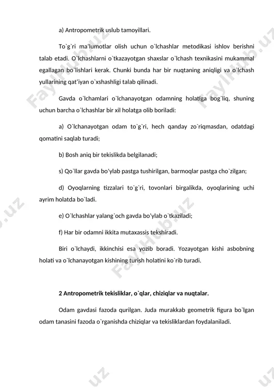 opometrik chiziqlar deb ataladi. antropometrik nuqta deb – odam gavdasida joylashgan va aniq ko`rinadigan do`nglik va chuqurlikka mos keladigan nuqtalarga aytiladi. bu nuqtalar o`lchovlarni to`g`ri olishda mo`ljal bo`ladi. quyidagi keltirilgan antropometrik nuqtalardan o`lchashda foydalaniladi. antropometrik nuqtalarning joylanishi. shart-li belgi nuqtalar nomi joylanishi a cho`qqi nuqtasi o`ng ko`zni pastki burchagi bilan quloq kesmasi gorizontaldan chetga chiqmagan holda boshning eng cho`qqi nuqtasi. b bo`yin nuqtasi yettinchi bo`yin umurtqasining o`tkir o`simta uchi. v bo`yin asosi nuqtasi bo`yinning aylana chizig`i yelka qiyaligi chizig`i bilan kesishgan nuqtasi. g o`mrov suyagining nuqtasi o`mrov suyagining to`sh suyagiga birikkan yuqori nuqtasi. d to`sh suyagi yuqorisidagi nuqta to`sh suyagi yuqorisidagi qirqimning o`rtasi. e to`sh suyagi o`rtasidagi nuqta to`sh suyagini o`rta chizig`ida to`rtinchi juft qovurg`alar uchi birikkan sathda joylashgan. j yelka akromial nuqtasi ko`krak akromial o`simtasining yon tomonidagi eng bo`rtgan nuqtasi. z yelka nuqtasi ko`krak suyagi akromial o`simtasining yuqoridagi cheti bilan yelka bo`g`imi sohasini ikkiga bo`lgan vertikal tekislik kesishgan joyi. …