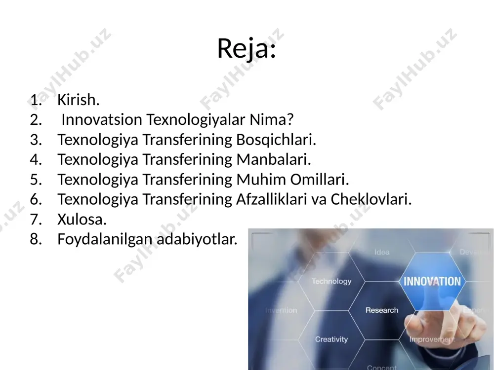 ladi. texnologiya transferining bosqichlari. texnologiya transferining bosqichlari. ilmiy-tadqiqot: asosiy g’oyalar va ishlanmalar yaratiladi. laboratoriyada dastlabki sinovlar o‘tkaziladi. kommersiyalash: texnologiya bozorga moslashtiriladi. patent olish va litsenziyalash jarayonlari amalga oshiriladi. mijozga yetkazish: mahsulot yoki xizmat sifatida iste’molchiga taqdim etiladi. texnologiya transferining manbalari. texnologiya transferining muvaffaqiyati turli xil manbalardan foydalangan holda amalga oshiriladi. quyida asosiy manbalar keltirilgan: universitetlar universitetlar ilmiy tadqiqot markazlari sifatida texnologiya transferining asosiy manbalaridan biridir. ular yangi texnologiyalar va ilmiy ishlanmalarni sanoatga etkazib beradi. misol: massachusetts texnologiya instituti (mit) texnologiyalarni tijoratlashtirish orqali dunyoga mashhur. tadqiqot markazlari mustaqil yoki davlat tomonidan moliyalashtiriladigan tadqiqot muassasalari texnologiya va innovatsiya yaratishda muhim rol o‘ynaydi. misol: fraunhofer tadqiqot instituti (germaniya) ko‘plab texnologik loyihalar bilan shug‘ullanadi. korporativ laboratoriyalar katta kompaniyalar o‘z ichki laboratoriyalarida texnologik yechimlarni ishlab chiqadi va rivojlantiradi. misol: google va apple o‘z laboratoriyalarida yangi texnologiyalar ishlab chiqadi. startaplar startap kompaniyalari ko‘pincha innovatsion texnologiyalarni tezkor joriy qilish bilan ajralib turadi. misol: tesla elektromobil va energiya …