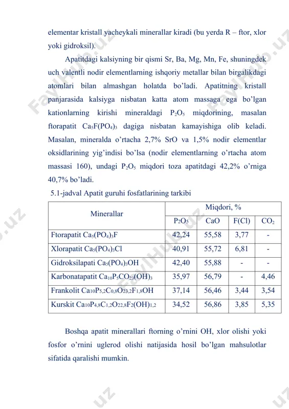 etadi. ftorapatit fazoviy tuzilishining bunday ifodalanishi ftorning asosiy valentlikdan tashqari qo’shimcha valentlikni ham namoyon etishini ko’rsatadi. shunday qilib, ftorapatitni markaziy atomi ftor bo’lgan ichki kompleks tuz deb qaralishi mumkin. apatitning turli izomorf ko’rinishlari geksagonal singoniyali kristallanadi. ftorapatit yashil, sarg’ish-yashil rangda, qisman ko’k, pushti yoki safsar ranglar aralashgan yarim shaffof donachalar hosil qiladi. u 1660oc haroratda (xlorapatit esa 1530oc haroratda) suyuqlanadi. apatitning zichligi 3,41-3,68 g/sm3 oralig’ida bo’ladi, qattiqligi esa moos darajasi bo’yicha 5 ga tengdir. apatit suvda va 2% li limon kislota eritmasida amalda erimaydi, mineral kislotalarda parchalanadi. 3 mm o’lchamli yirik donachalar shaklidagi karbonatli ko’rinishlari – kurskit, frankolit va karbonatapatit 3% li hcl eritmasida 1 soat mobaynida deyarli to’la eriydi. ftorapatitni suv bug’i ishtirokida 1400-1550oc haroratgacha qizdirilganda gidroksilapatitga, u esa tetrakalsiyfosfat 4cao∙p2o5 (limon kislotada eriydi) va trikalsiyfosfat ca3(po4)2 ga aylanadi. trikalsiyfosfat ikki xil allotropik shaklda mavjud bo’ladi: -modifikatsiya yuqori haroratda barqaror, 1700oc da suyuqlanadi, limon kislotada eriydi; modifikatsiya past haroratda …