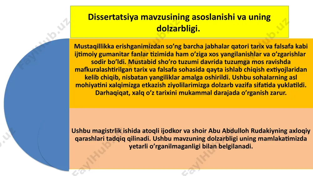 rashlarida odil hukmdor va adolat masalasi to‘rt narsani berdi menga oqillarcha o‘ylamoq: tansihatlik, yaxshi odat, yaxshi nom, yaxshi fikr. fazilatli kishini g‘amdan to‘rt narsa xalos etadi: sog‘lom tana, go‘zal axloq, ezgu nom va aql. xazrat rudakiy yetuk shaxs deganda mehr-muruvvatli, adolatli, to‘g‘ri so‘z, vijdonli, or-nomusli, irodali, tadbirkor, matonatli, o‘z ishiga fidoiy, ma’naviyati yuksak kishilarni tushungan davlat boshlig‘ini shox siyratiga tarif berishga harakat qilgan: iii bob. abu abdulloh rudakiyning inson ma’naviy kamoloti xususidagi qarashlarining bugungi kundagi ahamiyati 3.1 yosh avlodni tarbiyalashga doir zamonaviy kontseptsiyalarga abu abdulloh rudakiy ta’limoti va mushtarak jihatlar 3.2 abu abdulloh rudakiy falsafiy-adabiy merosining yosh avlodni komillik ruhida tarbiyalashdagi ahamiyati har kishi hayotdan olmasa ta’lim, unga o‘rgatolmas hech bir muallim. rudakiyning axloqqa oid asarlarida aql-idrok, xulq-atvor va bilim asosiy o‘rinni egallagan. mutafakkir bilimni hamma boyliklardan ustun qo‘yadi. men ular uchun ko‘zlarimni berdim ular esa meni tarixga uning o‘zi tug‘ma so‘qir edi deya yozdilar xulosa birinchidan, rudakiyning axloqqa oid …