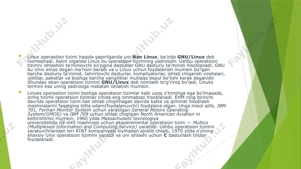 i esa uning yadrosiga nisbatan ishlatish mumkin. linuks operastion tizimi boshqa operatsion tizimlar kabi uzoq o'tmishga ega bo'lmasada, ochiq tizimli operatsion tizimlar ichida eng ommabopi hisoblanadi. ehm ning birinchi davrida operatsion tizim hali ishlab chiqilmagan davrda katta va qimmat hisoblash mashinalarini faqatgina bitta odam(foydalanuvchi) foydalana olgan. unga misol qilib, ibm 701, fortran monitor system uchun yaratilgan general motors operating system(gmos) va ibm 709 uchun ishlab chiqilgan north american aviation ni keltirishimiz mumkin. 1960 yilda massachusets texnologiya universitetida ge-645 mashinasi uchun eksperemental operatsion tizim — multics (multiplexed information and computing service) yaratildi. ushbu operatsion tizimni yaratuvchilaridan biri at&t kompaniyasi loyihadan ajralib chiqib, 1970 yilda o'zining shaxsiy unix operatsion tizimini yaratdi va uni ishlashi uchun c dasturlash tilidan foydalanadi. mac os unix asosidagi yopiq manbali operatsion tizimdir.apple kompyuterlari va noutbuklari uchun taʼminot dasturi sifatida ishlab chiqilgan. foydalanuvchi shartnomasiga binoan boshqa ishlab chiqaruvchilarning qurilmalari ushbu tizimdan foydalanish huquqiga ega emaslar. 10.6 - versiyadan …