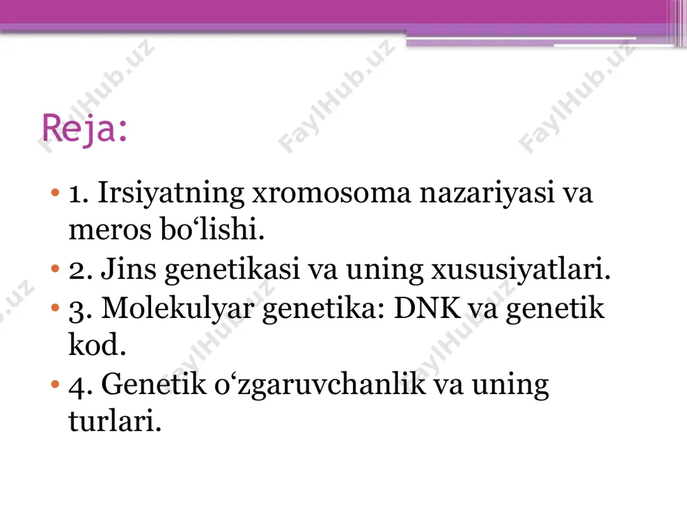 genetik kod — bu nukleotidlar ketma-ketligi orqali belgilarning sintetik ma'lumotlarini saqlaydi. masalalarda genetik kodning tarqalishini va uning qanday oqsillarga aylanishini hisobga olish kerak. transformatsiya — bu bakteriyalar o‘zining genetik materialini atrofdagi muhitdan olishi jarayoni. transduktsiya — viruslar (bakteriofaglar) orqali genetik materialning bir bakteriyadan boshqasiga o‘tishi. konyugatsiya — bakteriyalar o‘rtasida to‘g‘ridan-to‘g‘ri aloqada bo‘lish orqali genetik material almashinish jarayoni. plazmidalar — hujayralarda joylashgan va genetik materialni tashish bilan shug‘ullanuvchi kichik dnk zanjirlari. oqsil biosintezining bosqichlari va boshqarilishi oqsil biosintezi: bu jarayonni transkriptsiya (rnk hosil bo‘lishi) va translyatsiya (proteinning hosil bo‘lishi) bosqichlariga ajratish mumkin. boshqarish: oqsil biosintezi genetik ma'lumotlar va hujayra signalizatsiyasi orqali boshqariladi. masalalarda genetik regulyatsiya va oqsillarni sintez qilishdagi muammolarni hisobga olish kerak genetik injeneriya genetik injeneriya: genetik materialni sun'iy ravishda o‘zgartirish jarayoni. masalan, genlarni klonlash yoki yangi xususiyatlarni kiritish uchun genlarni o‘zgartirish. masalalarda genetik injeneriya usullaridan qanday foydalanish, ularning samaradorligini va xavfsizligini ko‘rsatish kerak. populyasion statistika: bu genetik tahlillar orqali …