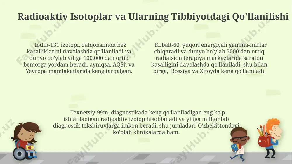 ffaqiyat darajasini 15% ga oshirishi mumkin. o'zbekistonda yadro texnologiyalari rivojlanishi 5-10 yil ichida saraton kasalligini erta aniqlash va davolash usullarini yaxshilashga, shu jumladan samarqanddagi onkologiya markazida qo'llanilishini kengaytirishga yordam beradi. yadro kimyosining tibbiyotdagi yangi imkoniyatlari samarqanddagi onkologiya markazida 2024-yilda yadro tibbiyoti usullaridan foydalanib, 100 dan ortiq bemorda qalqonsimon bez kasalliklarini muvaffaqiyatli davolash natijalariga erishildi. 18f-fdg pet-kt tekshiruvi yordamida dunyo bo‘ylab 2 milliondan ortiq odamda diabetning erta bosqichlarini aniqlash mumkin bo‘ldi, bu esa o‘z vaqtida davolanish imkonini beradi. yadro kimyosining yordamida 2023-yilda aqshda 30 mingdan ortiq bemorga proton terapiyasi qo‘llanilib, saraton o‘smalarini aniqroq nishonga olishga erishildi. pet (pozitron-emissiya tomografiyasi) taxminan 100 mln. dan ortiq pet tekshiruvlari har yili butun dunyo bo'ylab o'tkazilib, turli xil kasalliklarning, jumladan, neyrodegenerativ kasalliklarning erkin diagnostikasi va dastlabki davolash uchun muhim ma'lumotlar beradi. pet tekshiruvi 18f-fdg kabi radioaktiv izotoplarni qo'llash orqali, masalan, miya yoki yurak kabi organlardagi glyukoza metabolizmini 3d tasvirini 1 mm aniqlikda hosil qilish imkonini …