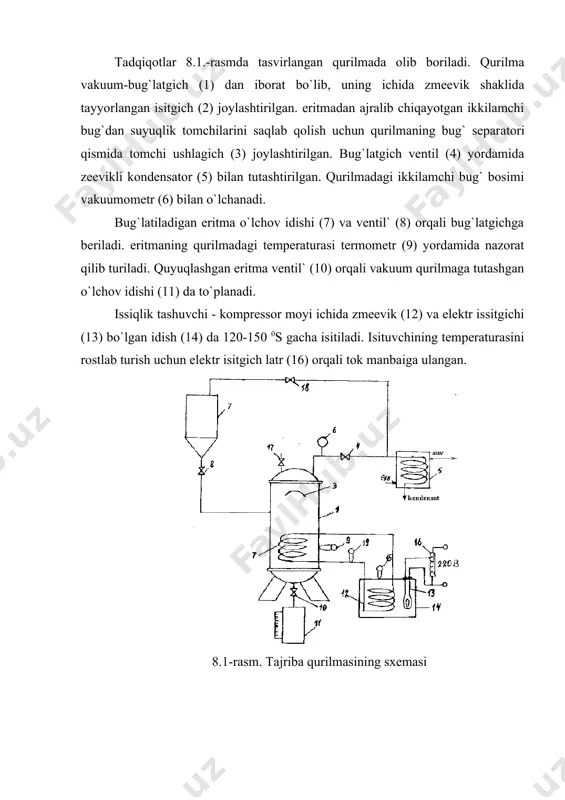 adi. sanoatda asosan uzluksiz ishlaydigan bug`latish qurilmalaridan foydalaniladi. zamonaviy bug`latish qurilmalari ancha katta isitish yuzasiga ega, ba`zan bitta qurilmaning isitish yuzasi 2000 m2 dan ortib ketadi. qurilmaning tuzilishi tadqiqotlar 8.1.-rasmda tasvirlangan qurilmada olib boriladi. qurilma vakuum-bug`latgich (1) dan iborat bo`lib, uning ichida zmeevik shaklida tayyorlangan isitgich (2) joylashtirilgan. eritmadan ajralib chiqayotgan ikkilamchi bug`dan suyuqlik tomchilarini saqlab qolish uchun qurilmaning bug` separatori qismida tomchi ushlagich (3) joylashtirilgan. bug`latgich ventil (4) yordamida zeevikli kondensator (5) bilan tutashtirilgan. qurilmadagi ikkilamchi bug` bosimi vakuumometr (6) bilan o`lchanadi. bug`latiladigan eritma o`lchov idishi (7) va ventil` (8) orqali bug`latgichga beriladi. eritmaning qurilmadagi temperaturasi termometr (9) yordamida nazorat qilib turiladi. quyuqlashgan eritma ventil` (10) orqali vakuum qurilmaga tutashgan o`lchov idishi (11) da to`planadi. issiqlik tashuvchi - kompressor moyi ichida zmeevik (12) va elektr issitgichi (13) bo`lgan idish (14) da 120-150 0s gacha isitiladi. isituvchining temperaturasini rostlab turish uchun elektr isitgich latr (16) orqali tok manbaiga ulangan. 8.1-rasm. …