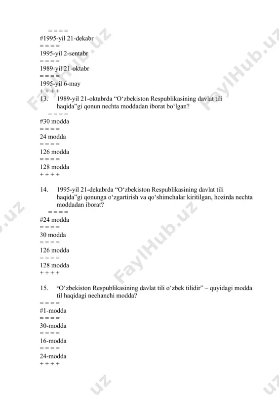 an = = = = mahmud koshg‘ariyning esa “devonu lug‘atit turk” asaridan = = = = yusuf xos hojibning “qutadg‘u bilig” = = = = kaykovus “qobusnoma” + + + + 21. muloqot vositalarini o‘rganuvchi fan yo‘nalishlaridan bo‘lmish kinestetika nimani o‘rganadi? = = = = # inson hissiyotlari va tuyg‘ularining tashqi ifodalarini o‘rganadi = = = = yuz mushaklarining harakatlarini o‘rganadi = = = = tananing turli a‘zolari harakatining ma‘nolarini o‘rganadi = = = = muloqot paytida bir-biriga bevosita teginishni (qo‘l siqish, silash, yelkaga qoqish, itarib yuborish va hokazo) o‘rganadi. + + + + 22. muloqot vositalarini o‘rganuvchi fan yo‘nalishlaridan bo‘lmish mimika nimani o‘rganadi? = = = = #yuz mushaklarining harakatlarini o‘rganadi nson hissiyotlari va tuyg‘ularining tashqi ifodalarini o‘rganadi = = = = inson hissiyotlari va tuyg‘ularining tashqi ifodalarini o‘rganadi = = = = tananing turli a‘zolari harakatining ma‘nolarini o‘rganadi = = = = muloqot paytida bir-biriga bevosita teginishni (qo‘l …